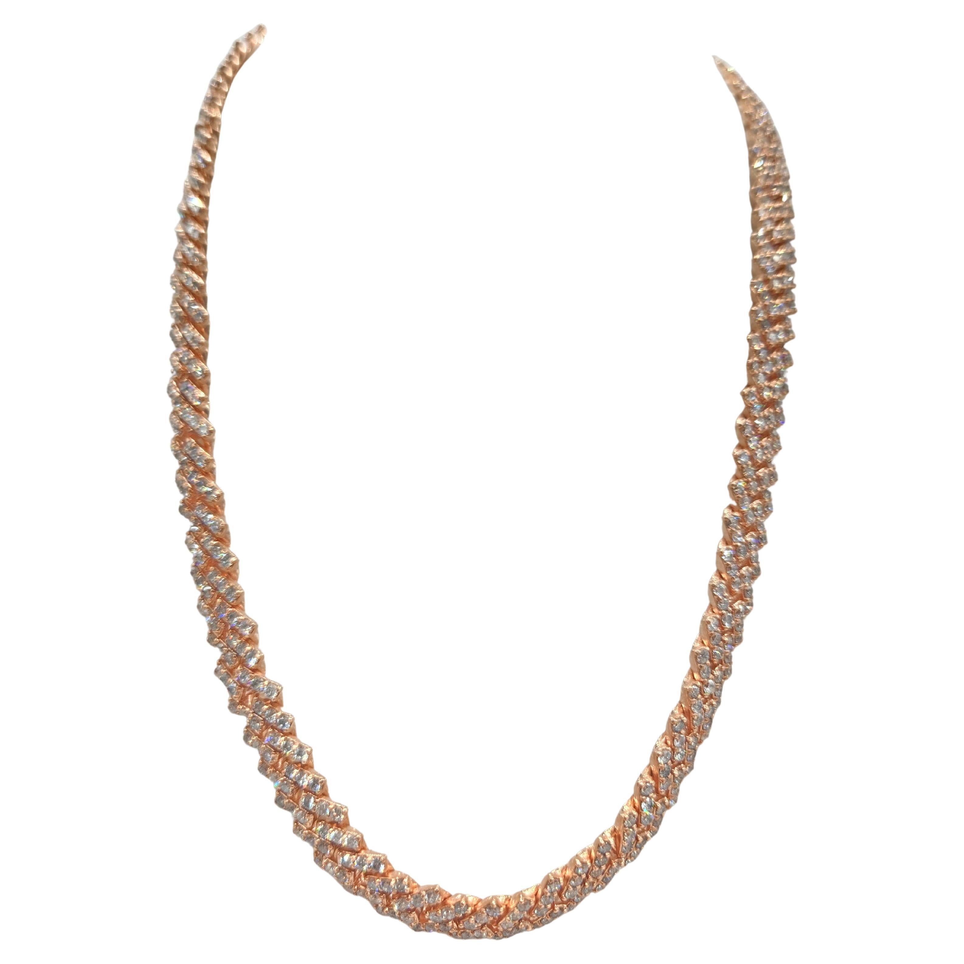 16.41 Carats Natural Diamonds Cuban Necklace Chain 10 Karats Rose Gold 16'' For Sale