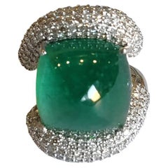 16.42 Carats, Natural Zambian Emerald Sugarloaf & Diamonds Engagement Ring