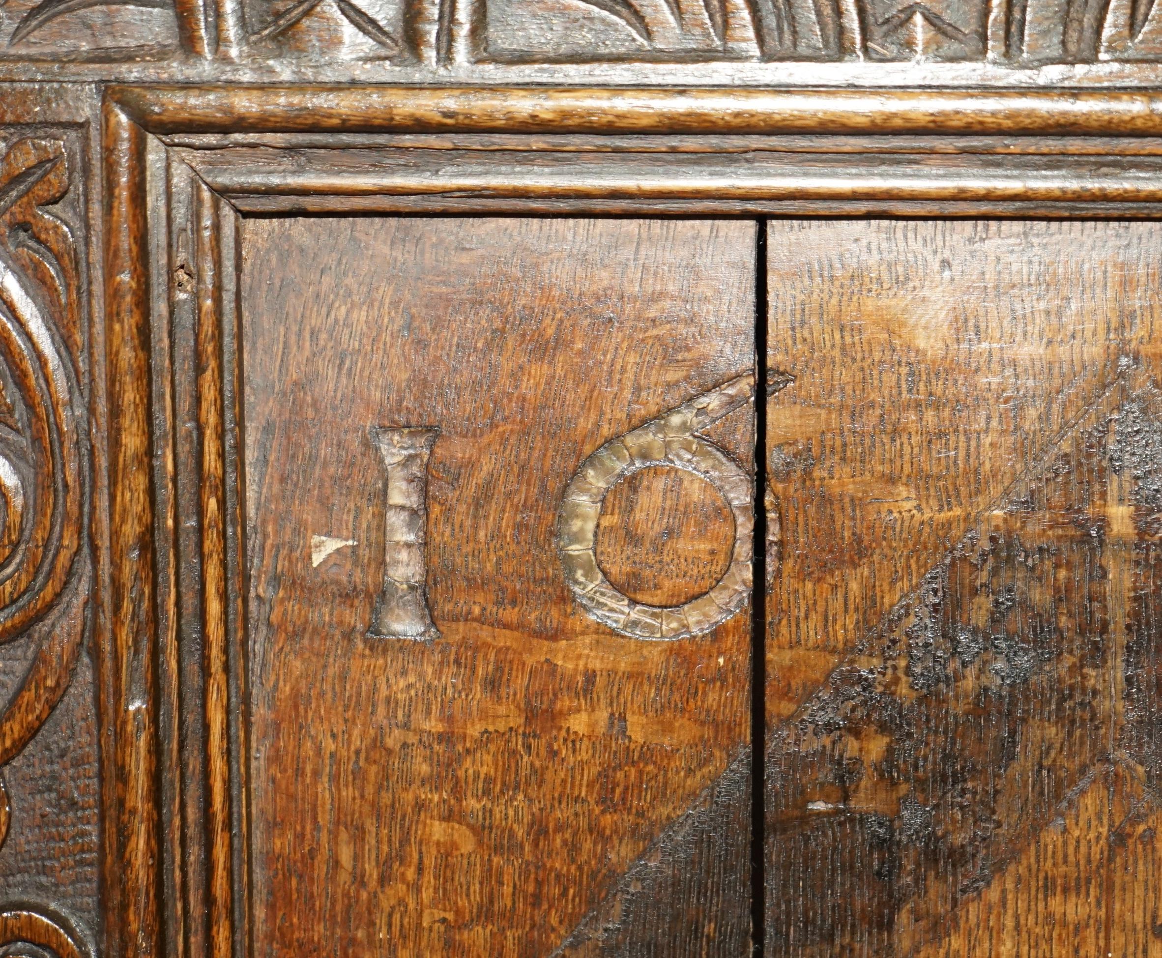 1642 Dated Charles I / Jacobean Hand Carved English Oak Coffer Linen Chest Trunk For Sale 4