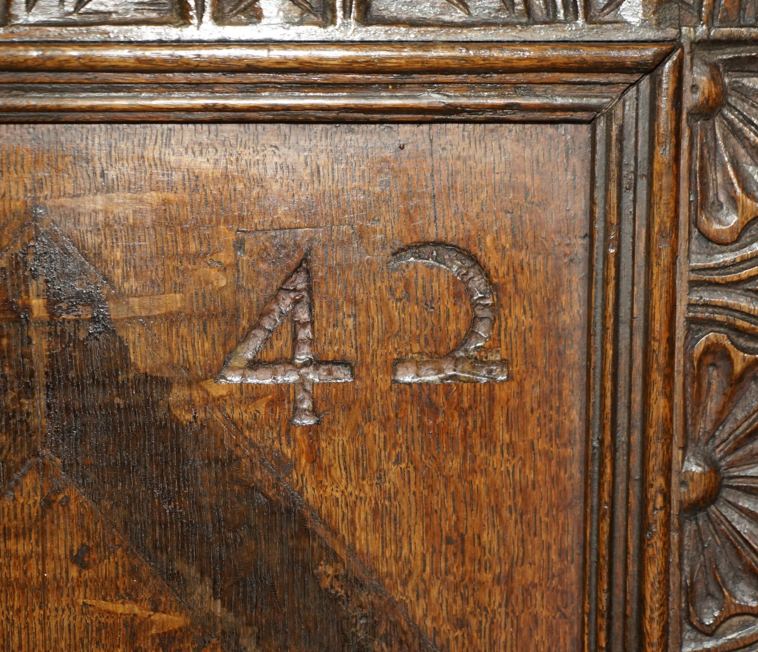 1642 Dated Charles I / Jacobean Hand Carved English Oak Coffer Linen Chest Trunk For Sale 6
