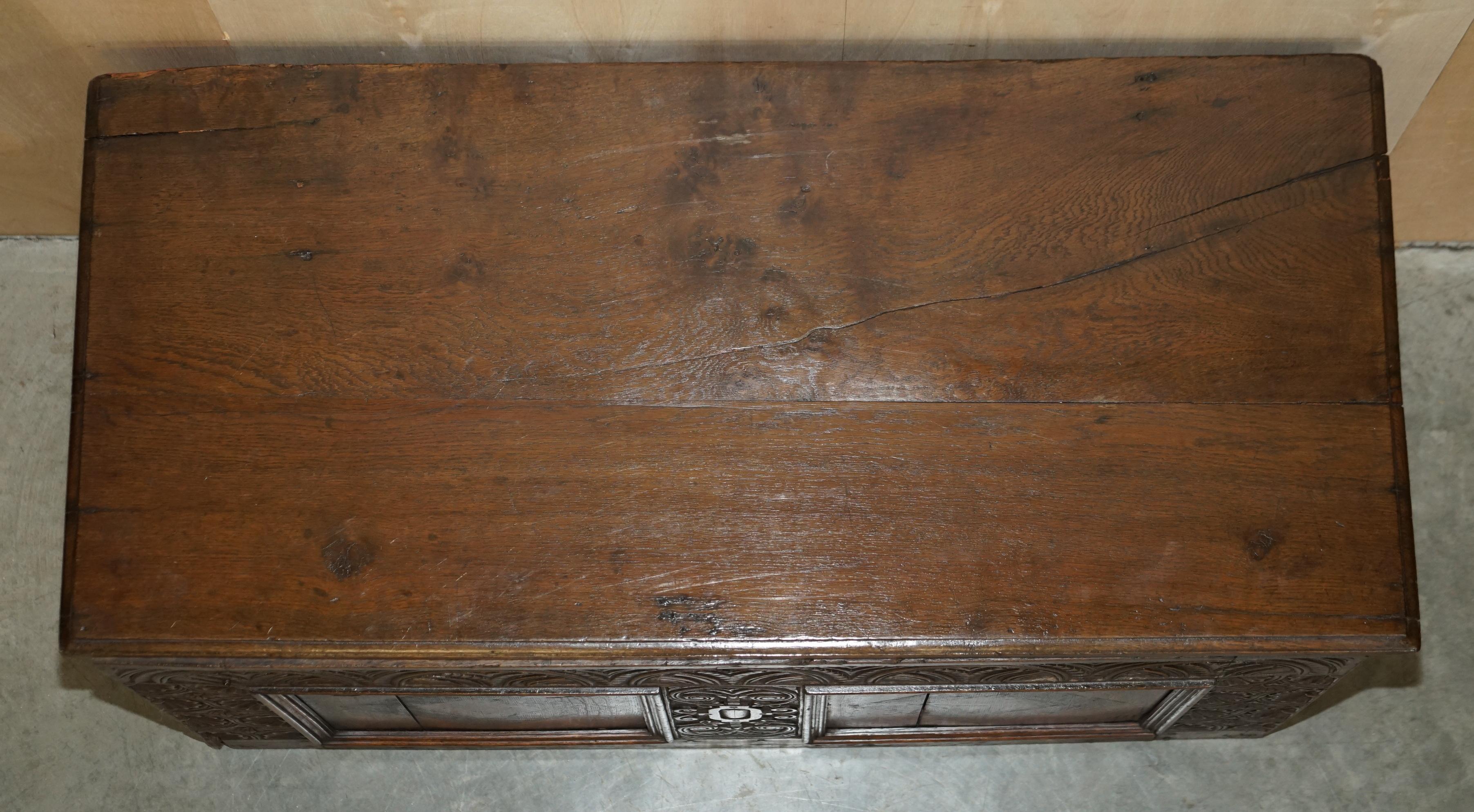 1642 Dated Charles I / Jacobean Hand Carved English Oak Coffer Linen Chest Trunk For Sale 7