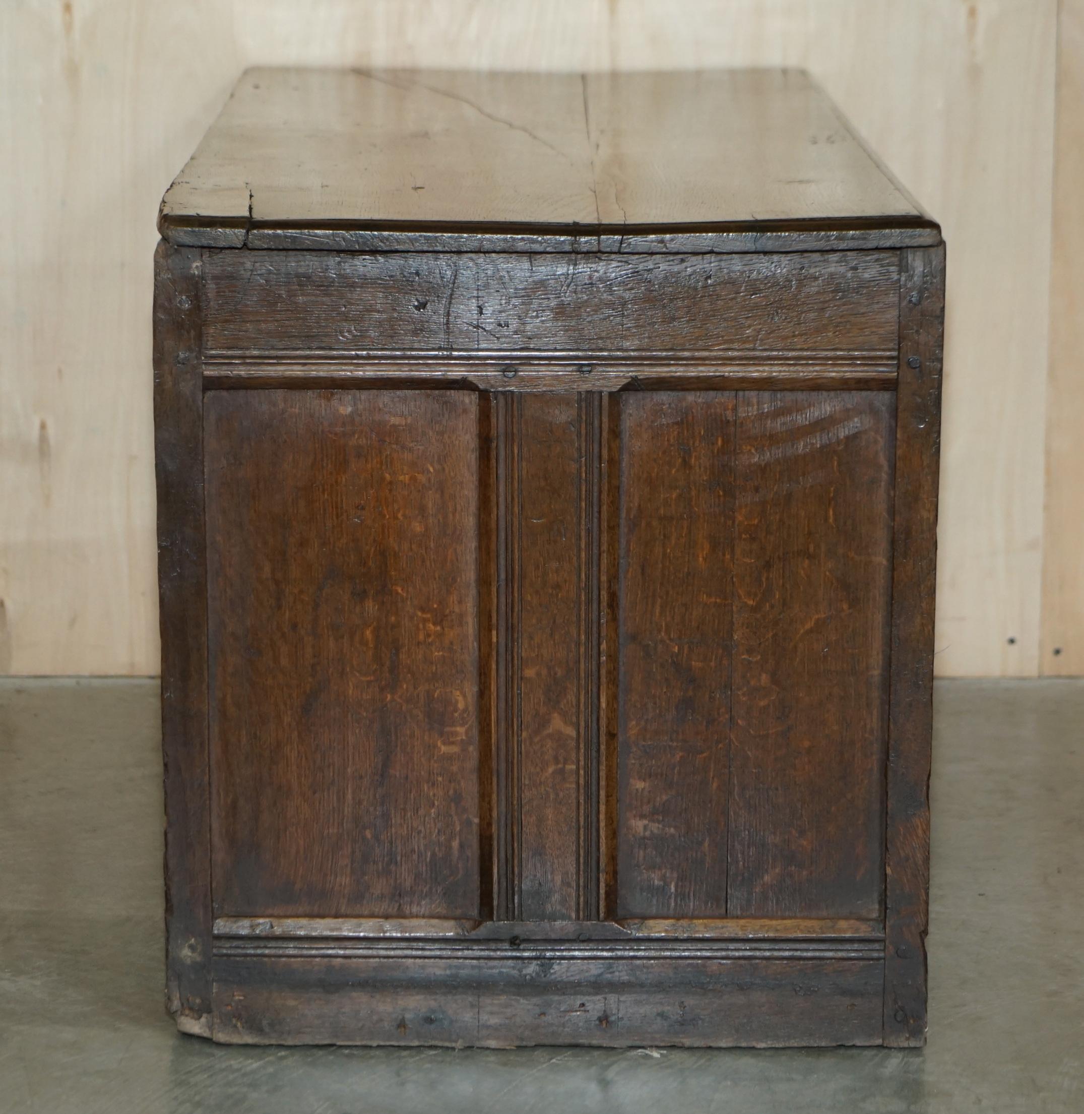 1642 Dated Charles I / Jacobean Hand Carved English Oak Coffer Linen Chest Trunk For Sale 8