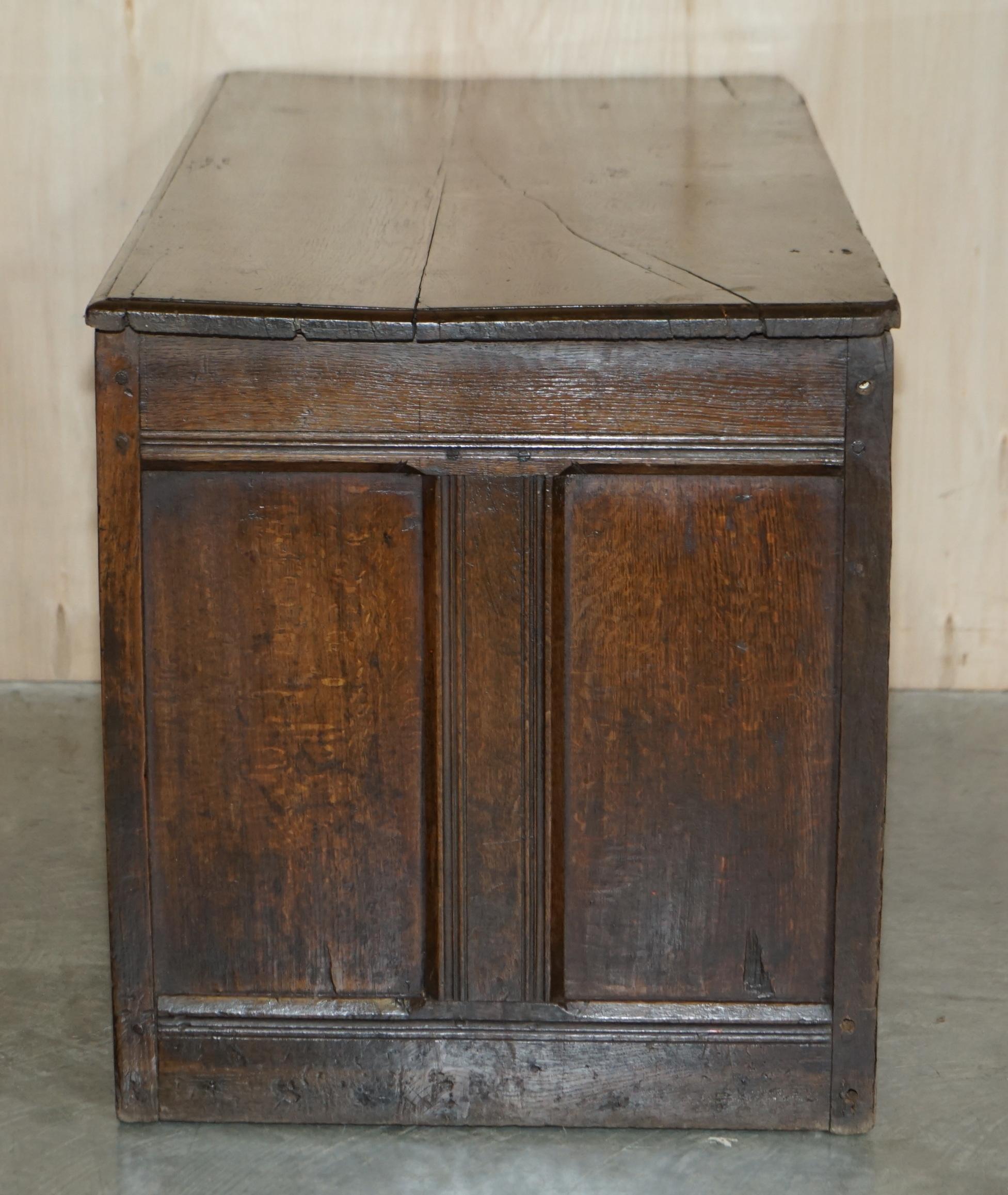 1642 Dated Charles I / Jacobean Hand Carved English Oak Coffer Linen Chest Trunk For Sale 10