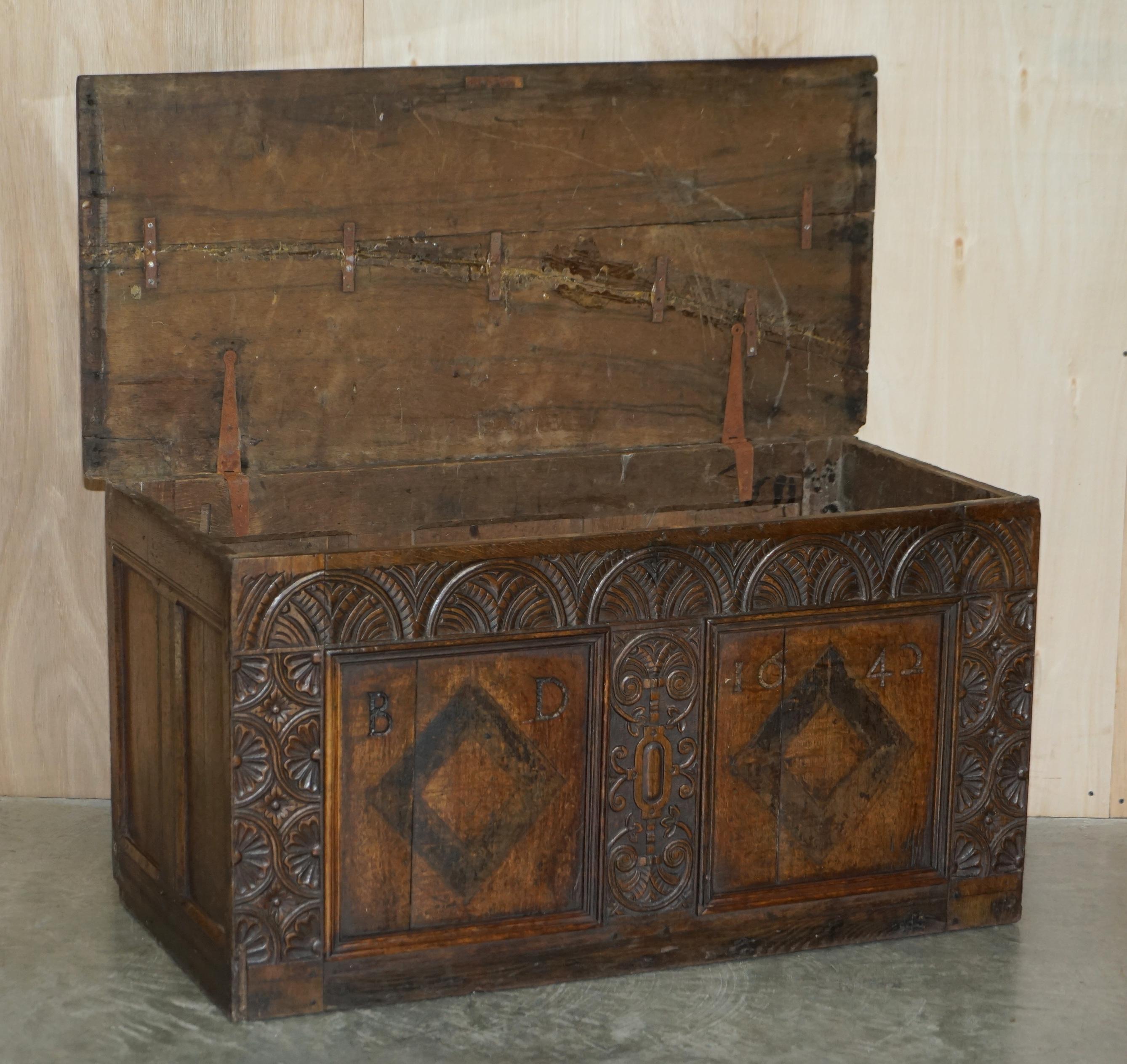 1642 Dated Charles I / Jacobean Hand Carved English Oak Coffer Linen Chest Trunk For Sale 11