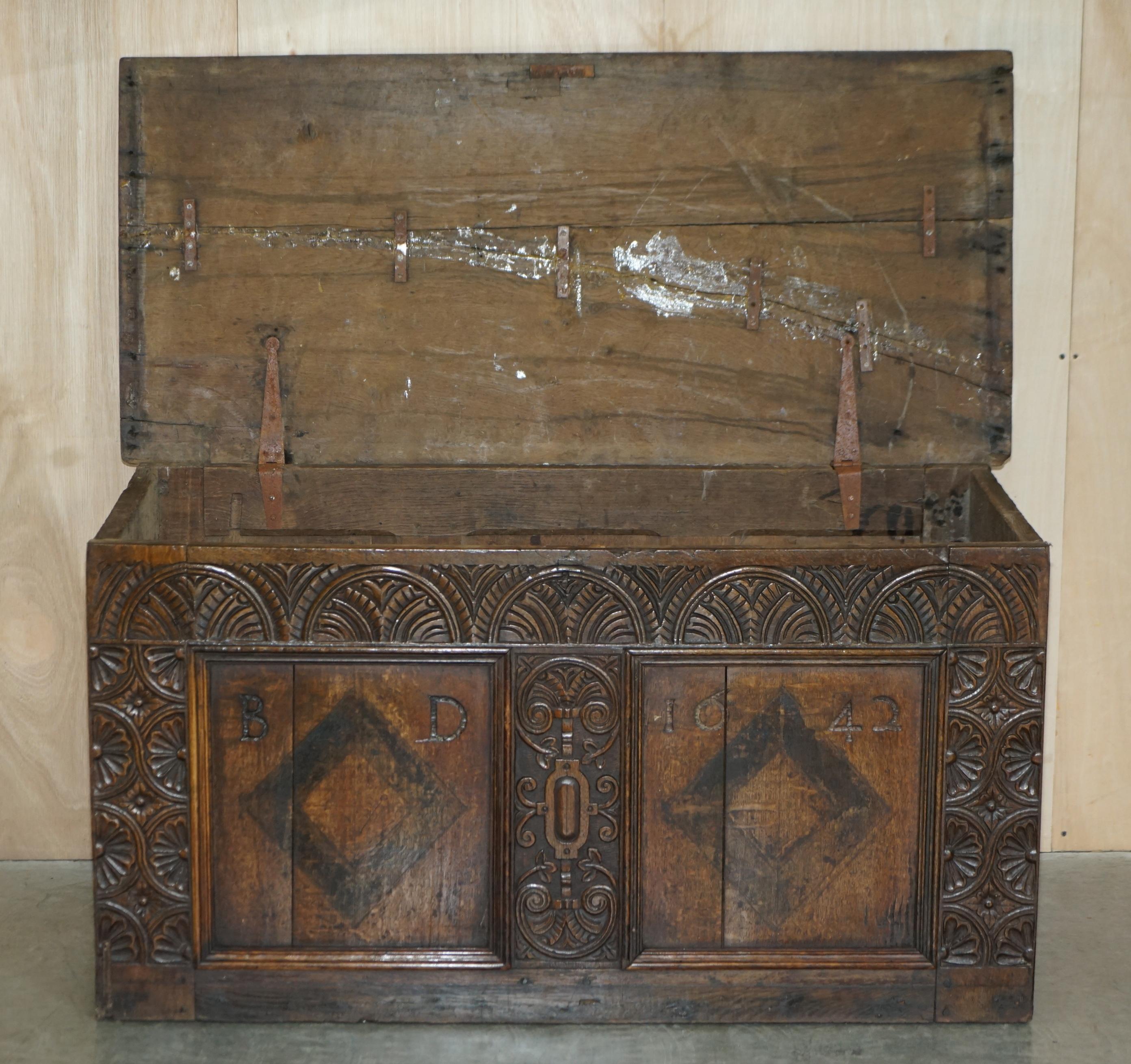 1642 Dated Charles I / Jacobean Hand Carved English Oak Coffer Linen Chest Trunk For Sale 12