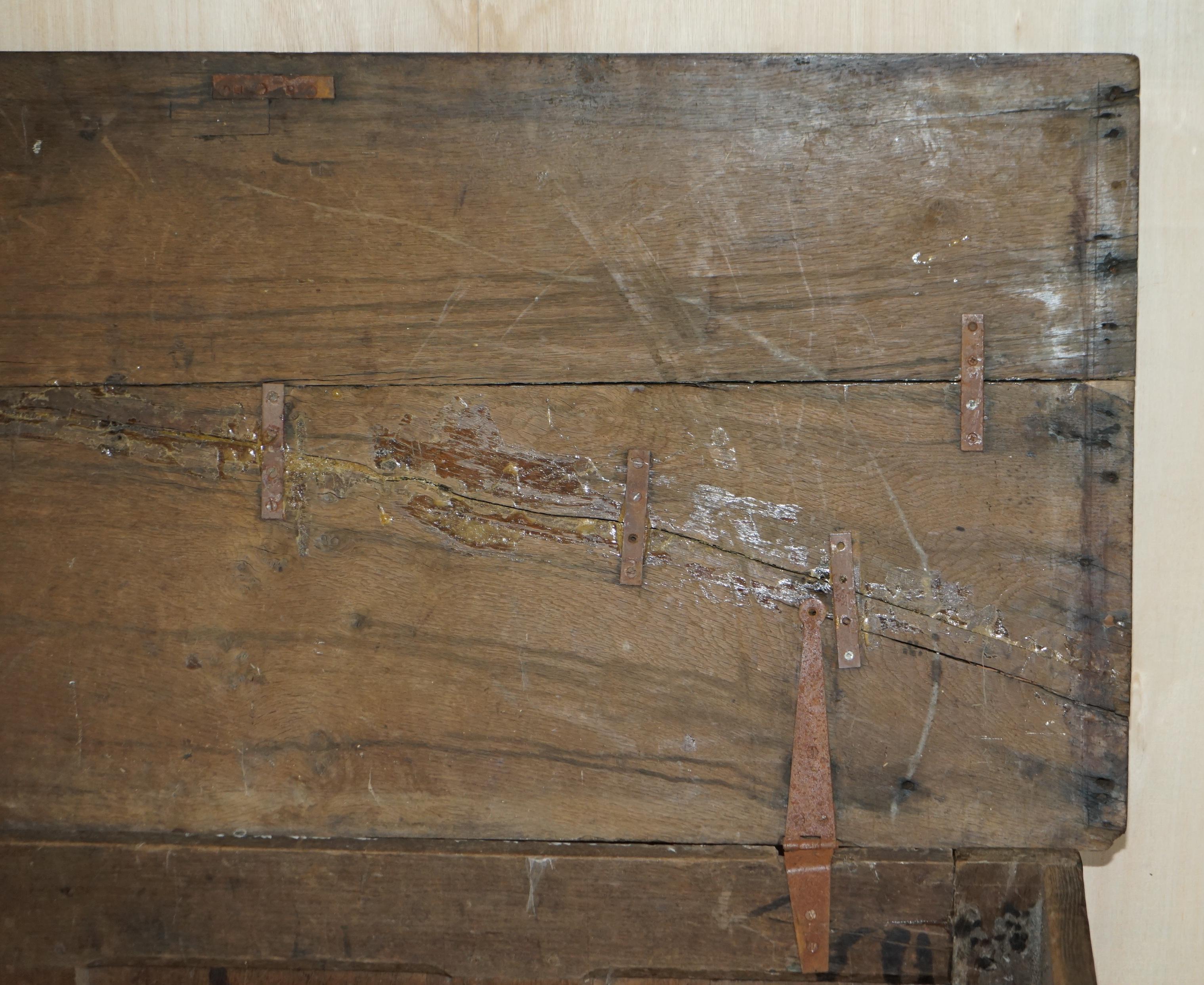 1642 Dated Charles I / Jacobean Hand Carved English Oak Coffer Linen Chest Trunk For Sale 14