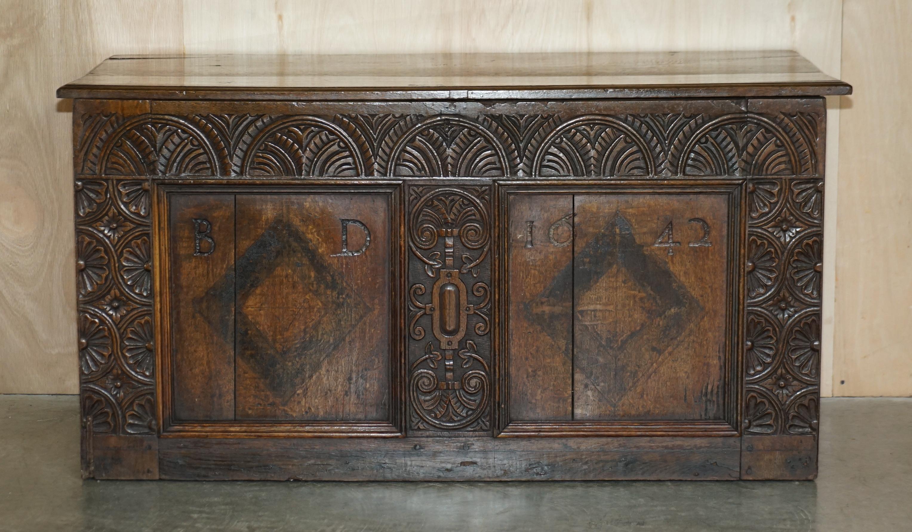 We are delighted to offer for sale this sympathetically restored, 1642 Charles I / Jacobean, hand carved English oak coffer, trunk or chest

This piece is stunning, its hand carved to the front with the date 1642 to the right and the initials BD to
