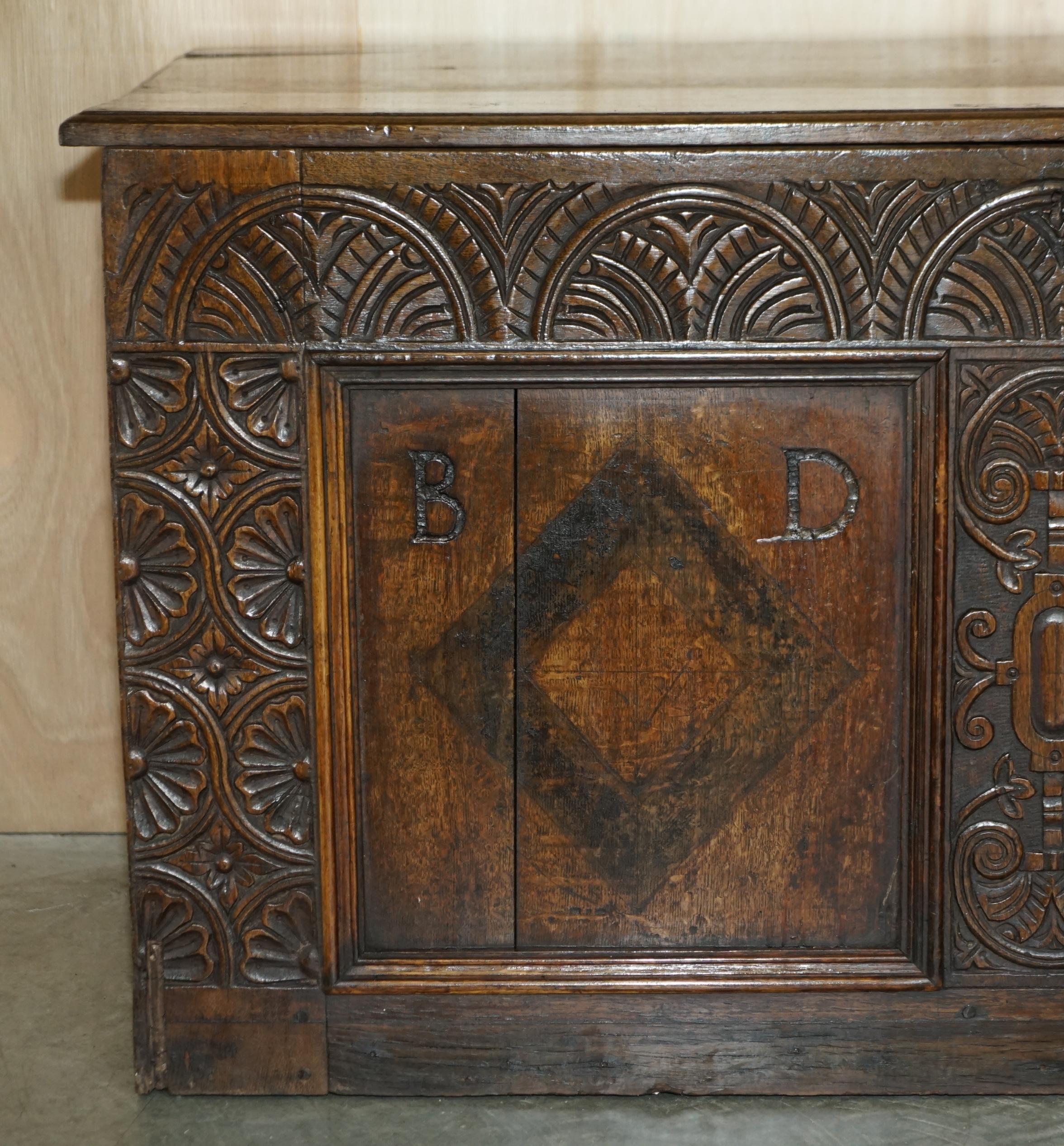 British 1642 Dated Charles I / Jacobean Hand Carved English Oak Coffer Linen Chest Trunk For Sale