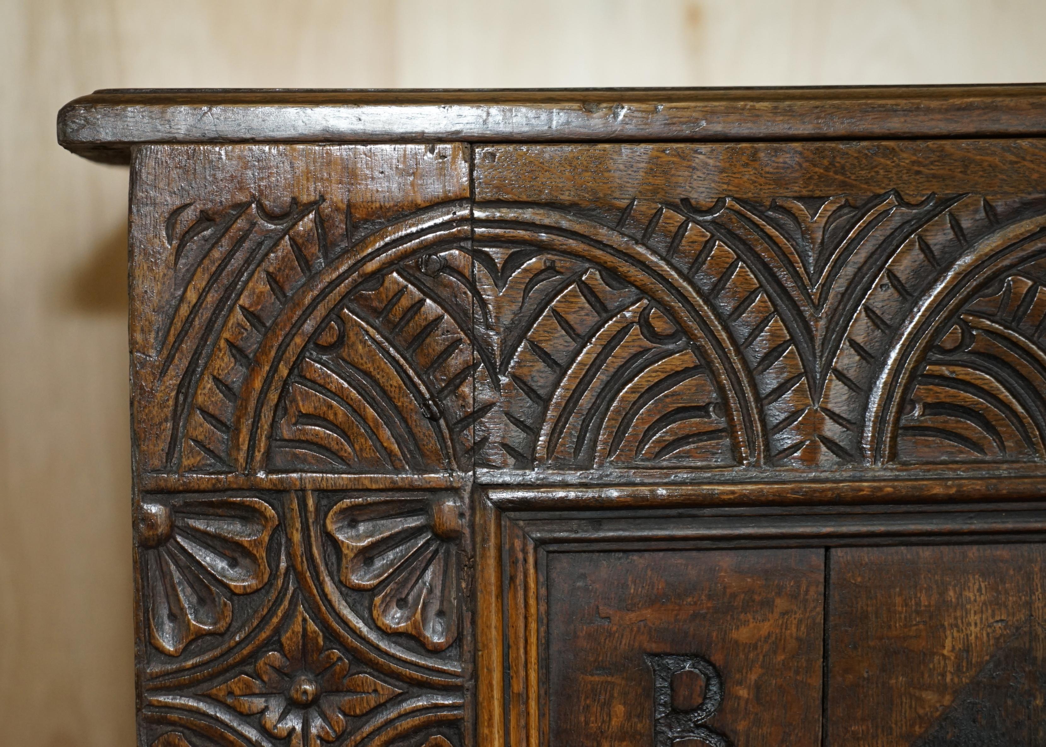 Hand-Carved 1642 Dated Charles I / Jacobean Hand Carved English Oak Coffer Linen Chest Trunk For Sale