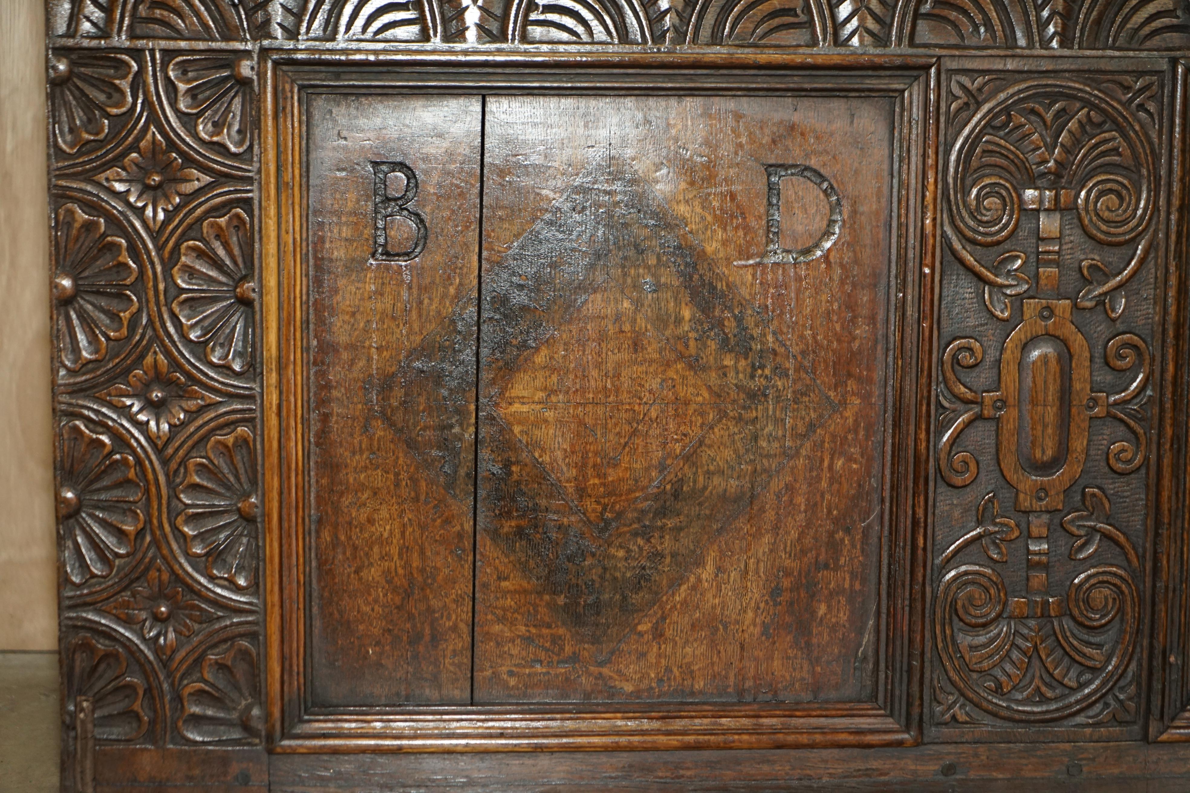 1642 Dated Charles I / Jacobean Hand Carved English Oak Coffer Linen Chest Trunk For Sale 1