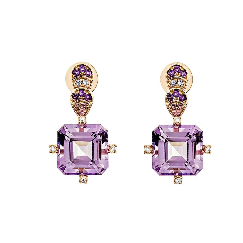 Contemporary 16.44 Carat Amethyst Drop Earring in 18KRG with Multi gemstone and White Diamond For Sale