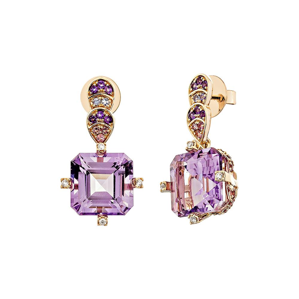 Octagon Cut 16.44 Carat Amethyst Drop Earring in 18KRG with Multi gemstone and White Diamond For Sale