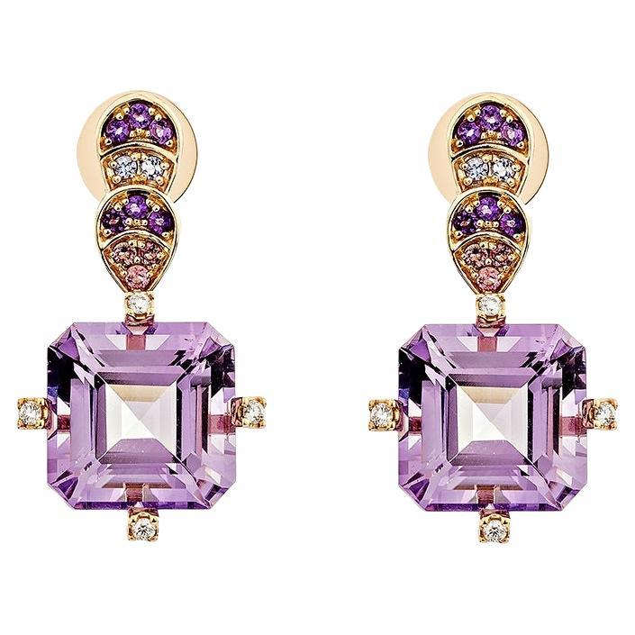 16.44 Carat Amethyst Drop Earring in 18KRG with Multi gemstone and White Diamond For Sale
