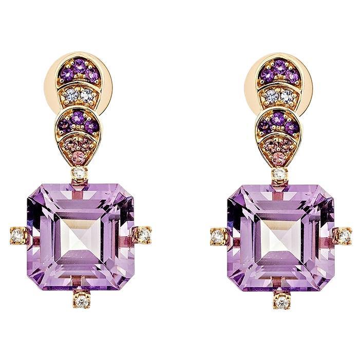 16,44 Karat Amethyst-Tropfen-Ohrring aus 18KRG mit mehreren Edelsteinen und weißem Diamanten