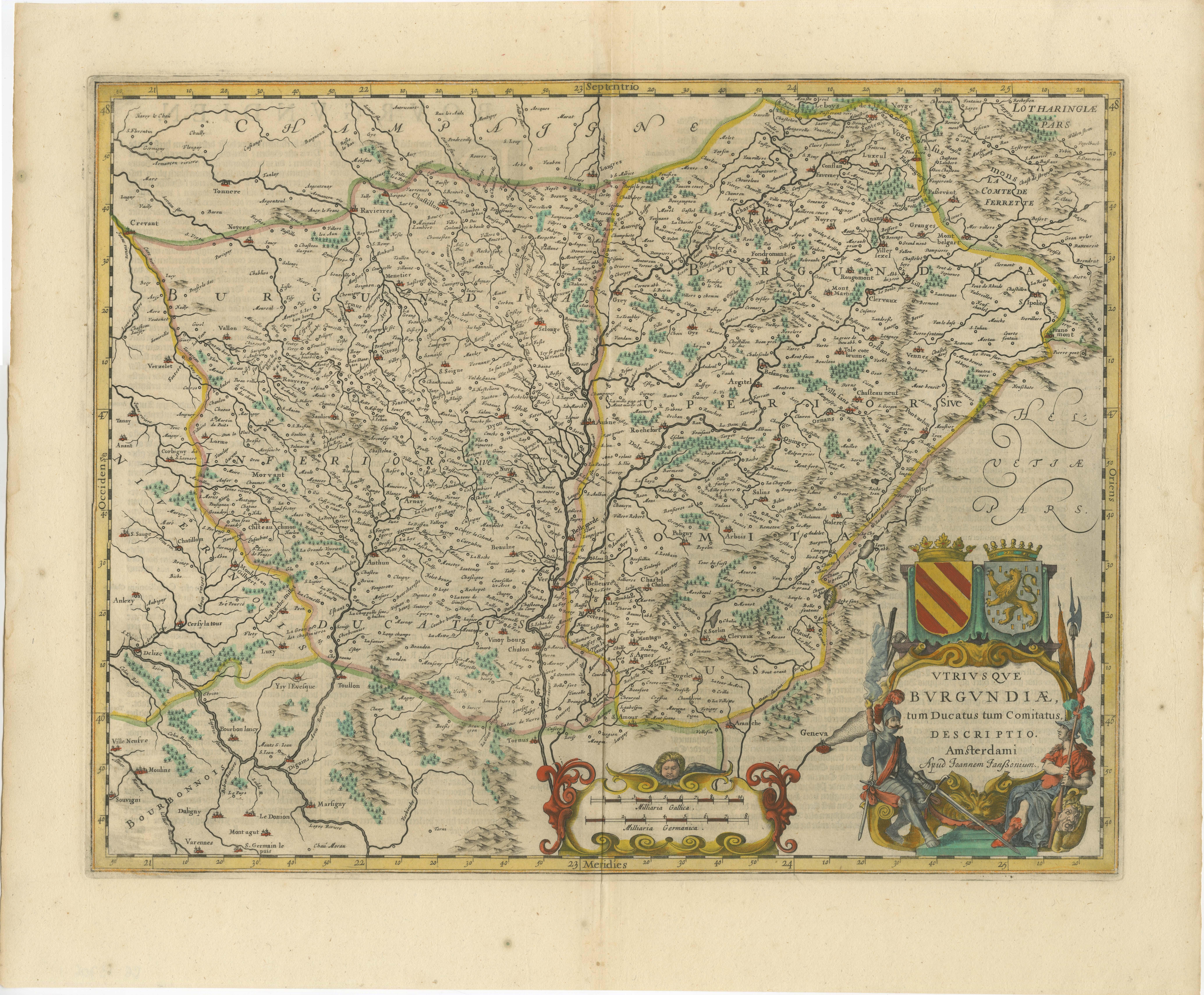 This authentic handcolored map  is a detailed 17th-century depiction of the Burgundy region, divided into the Duchy of Burgundy (