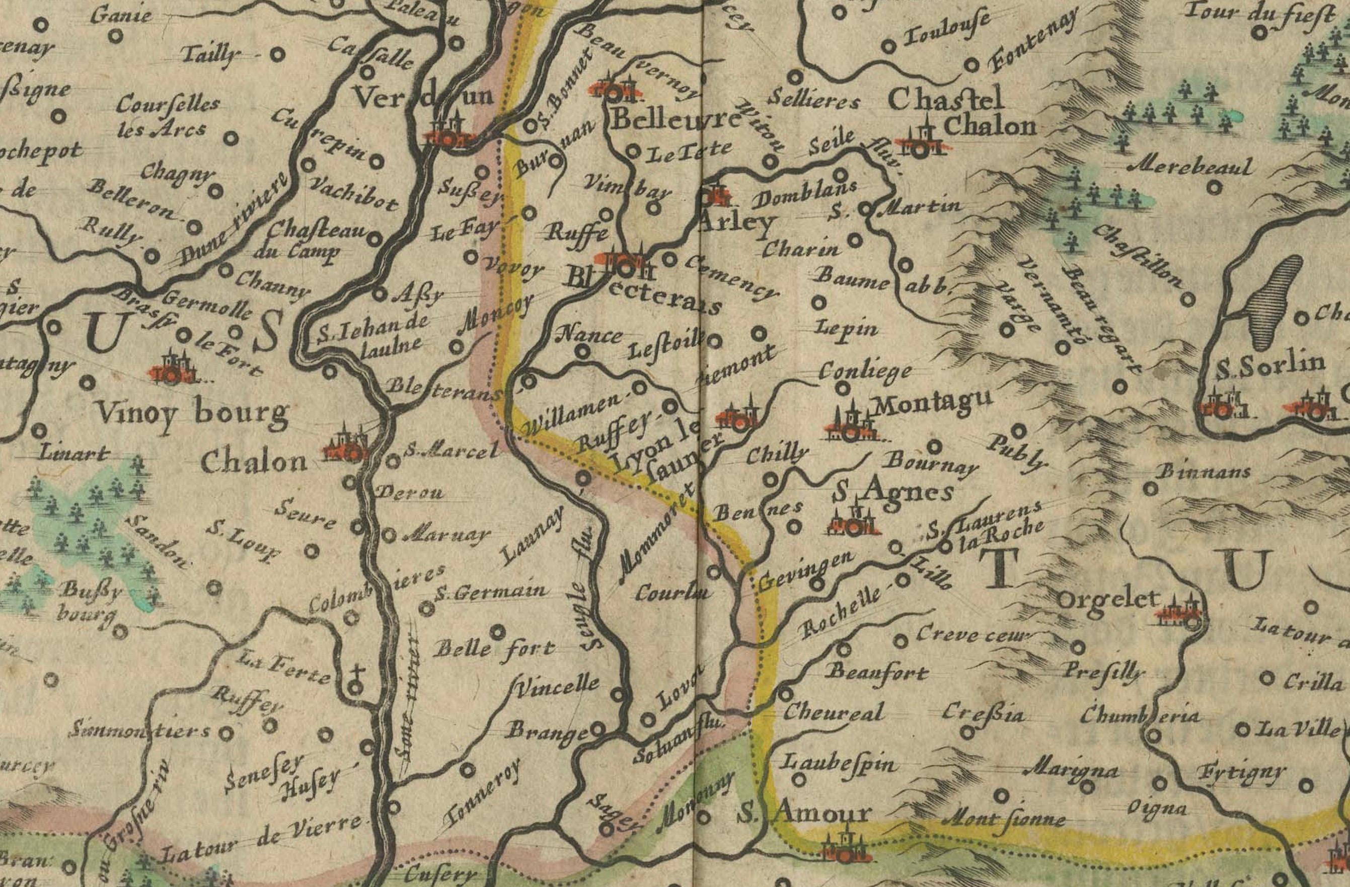 1644 Janssonius Original Wine Regions Map: The Ducal and Comital Burgundy In Good Condition For Sale In Langweer, NL