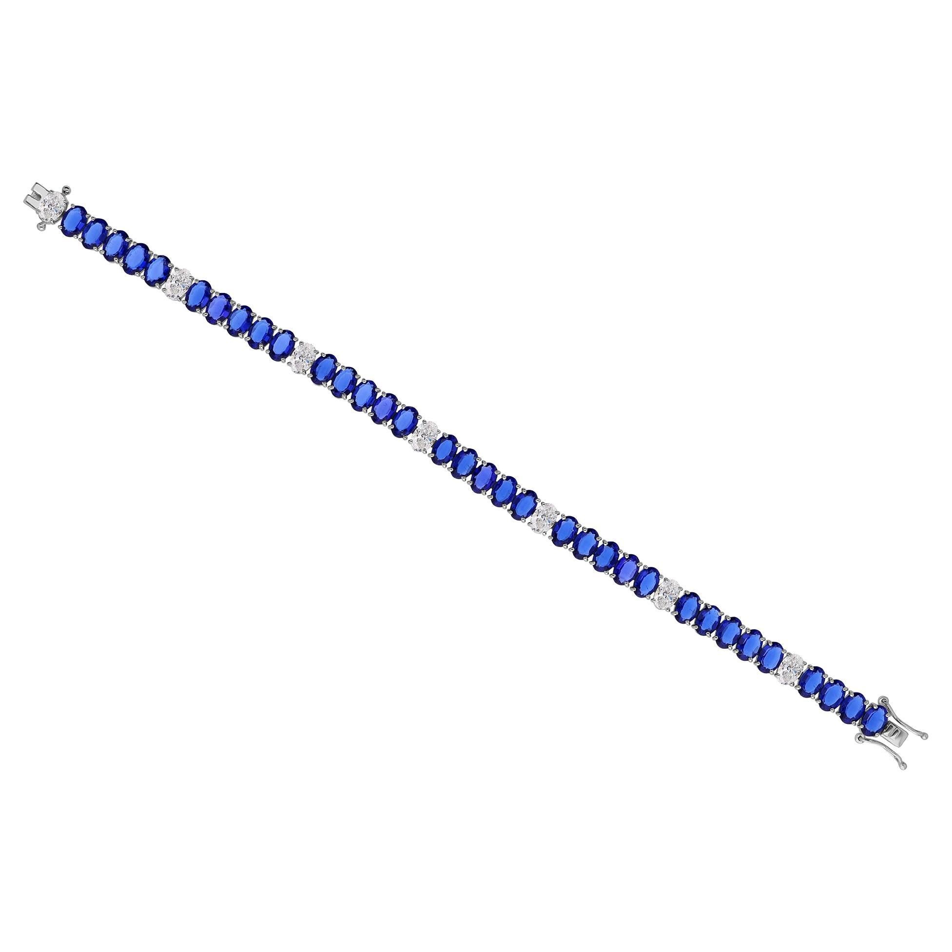 16.44 TCW Zafiro Azul Natural Diamante Pulsera de Tenis Oro Blanco 14 Kilates