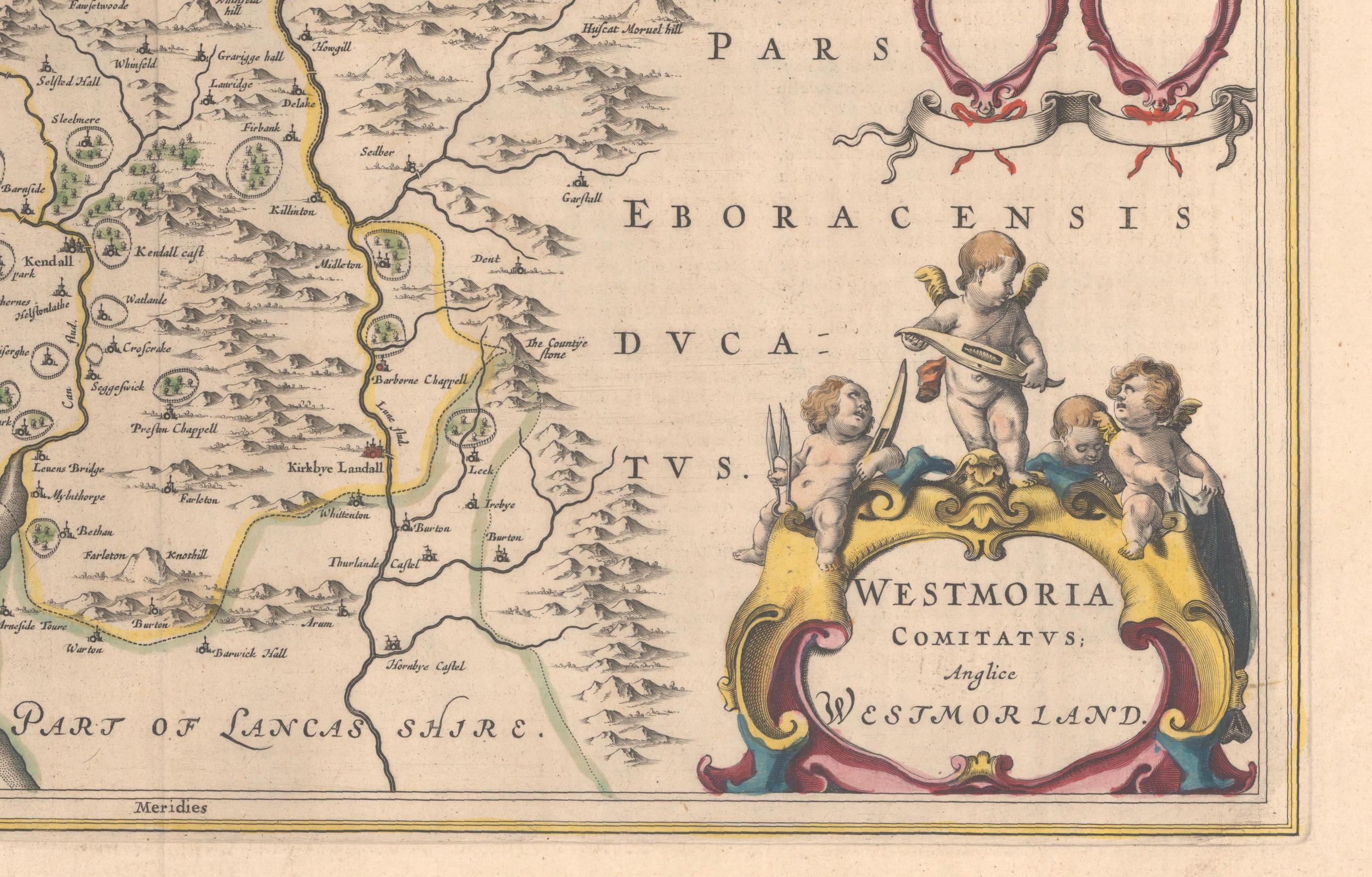 1645 Blaeu Karte von Westmorland, Nordengland - handkoloriert, dekorativ (Graviert) im Angebot