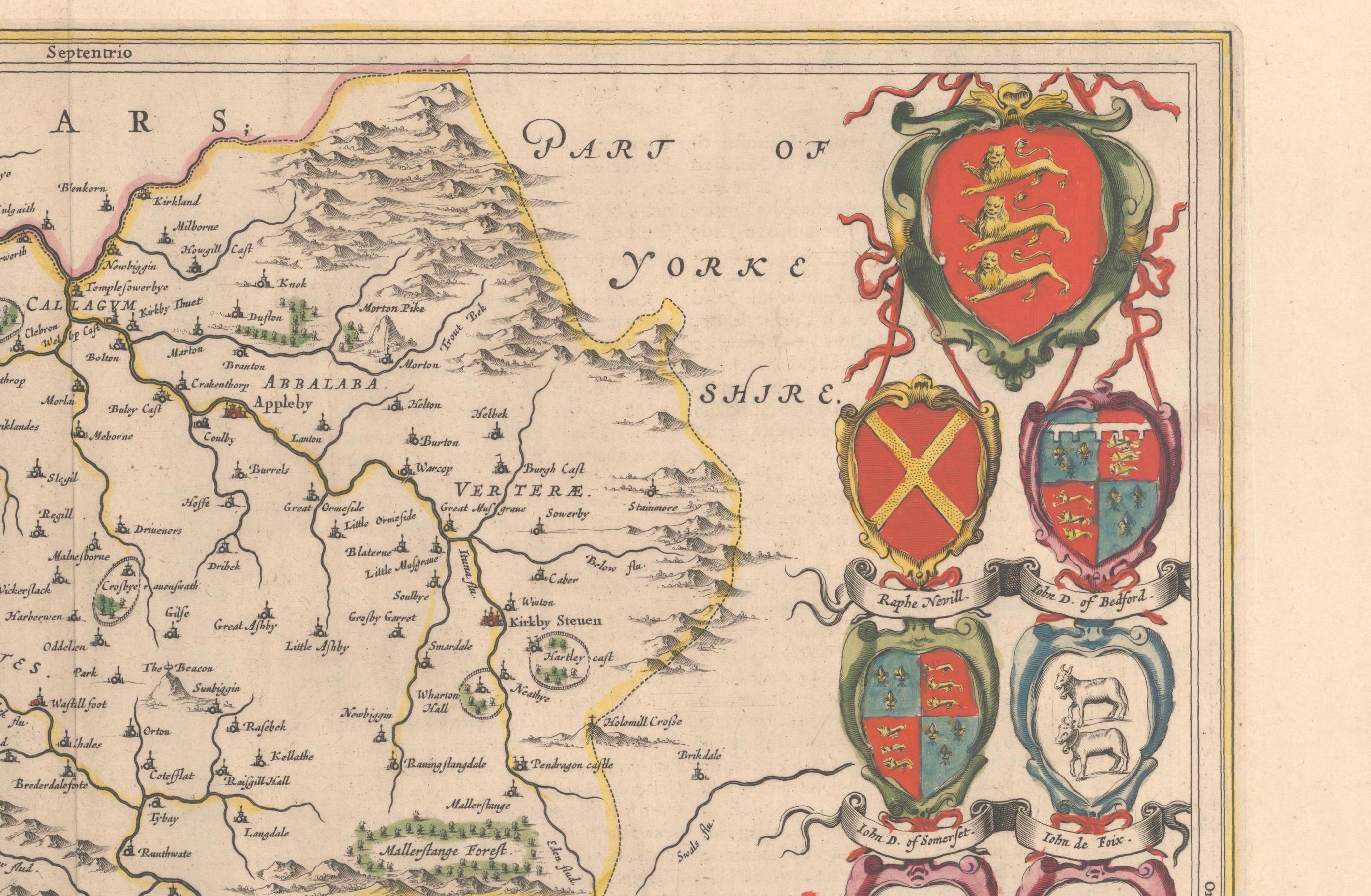 1645 Blaeu Karte von Westmorland, Nordengland - handkoloriert, dekorativ im Zustand „Gut“ im Angebot in Langweer, NL