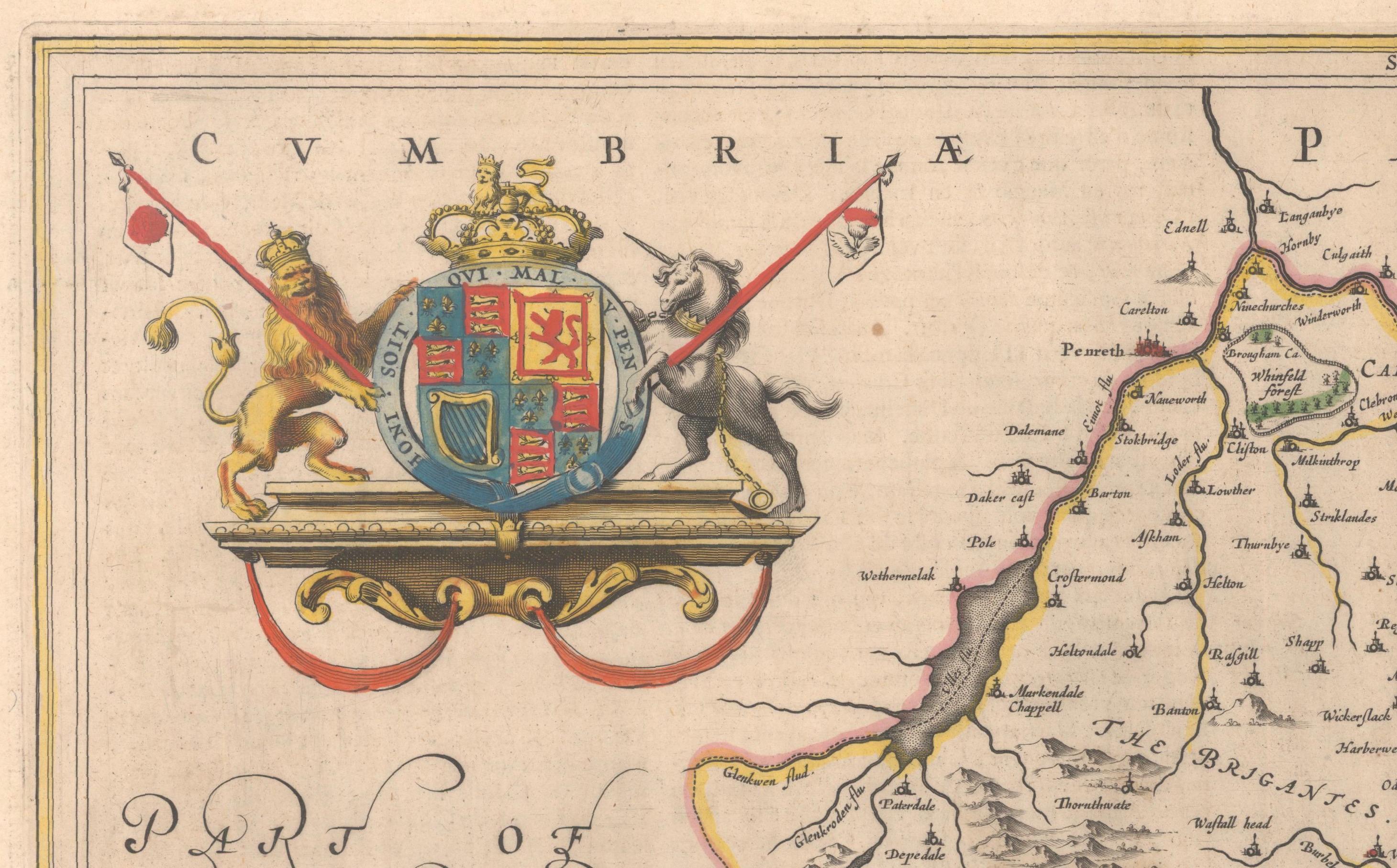 1645 Blaeu Karte von Westmorland, Nordengland - handkoloriert, dekorativ (Mitte 17. Jahrhundert) im Angebot