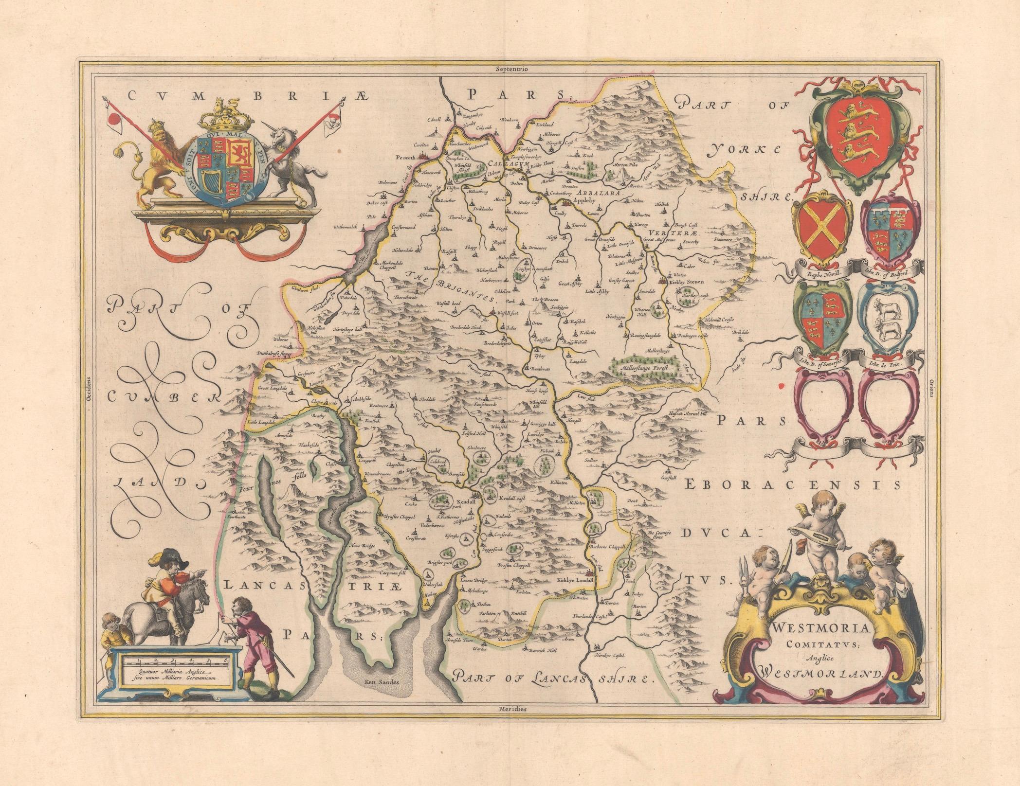 1645 Blaeu Karte von Westmorland, Nordengland - handkoloriert, dekorativ (Papier) im Angebot