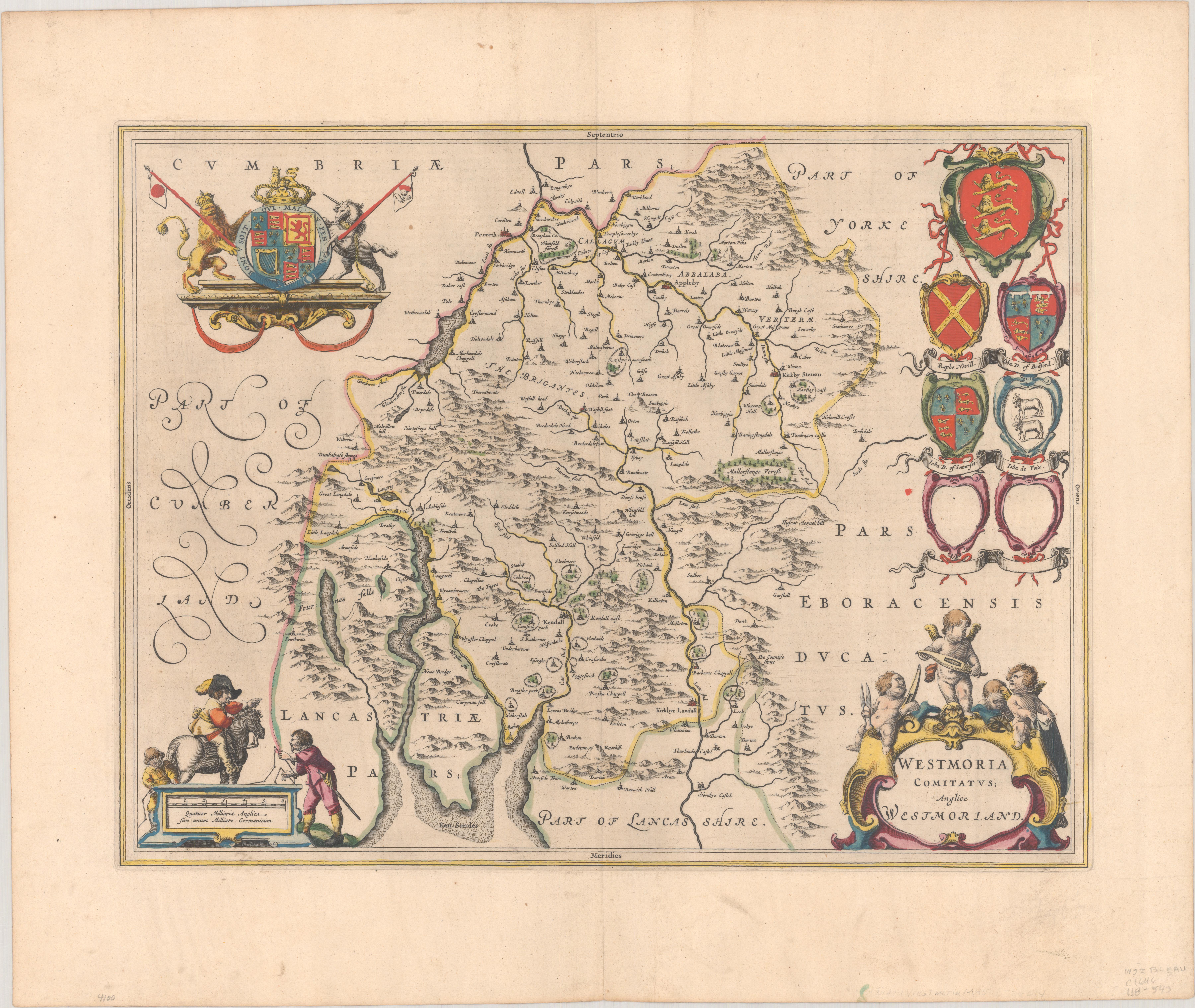 1645 Blaeu Karte von Westmorland, Nordengland - handkoloriert, dekorativ