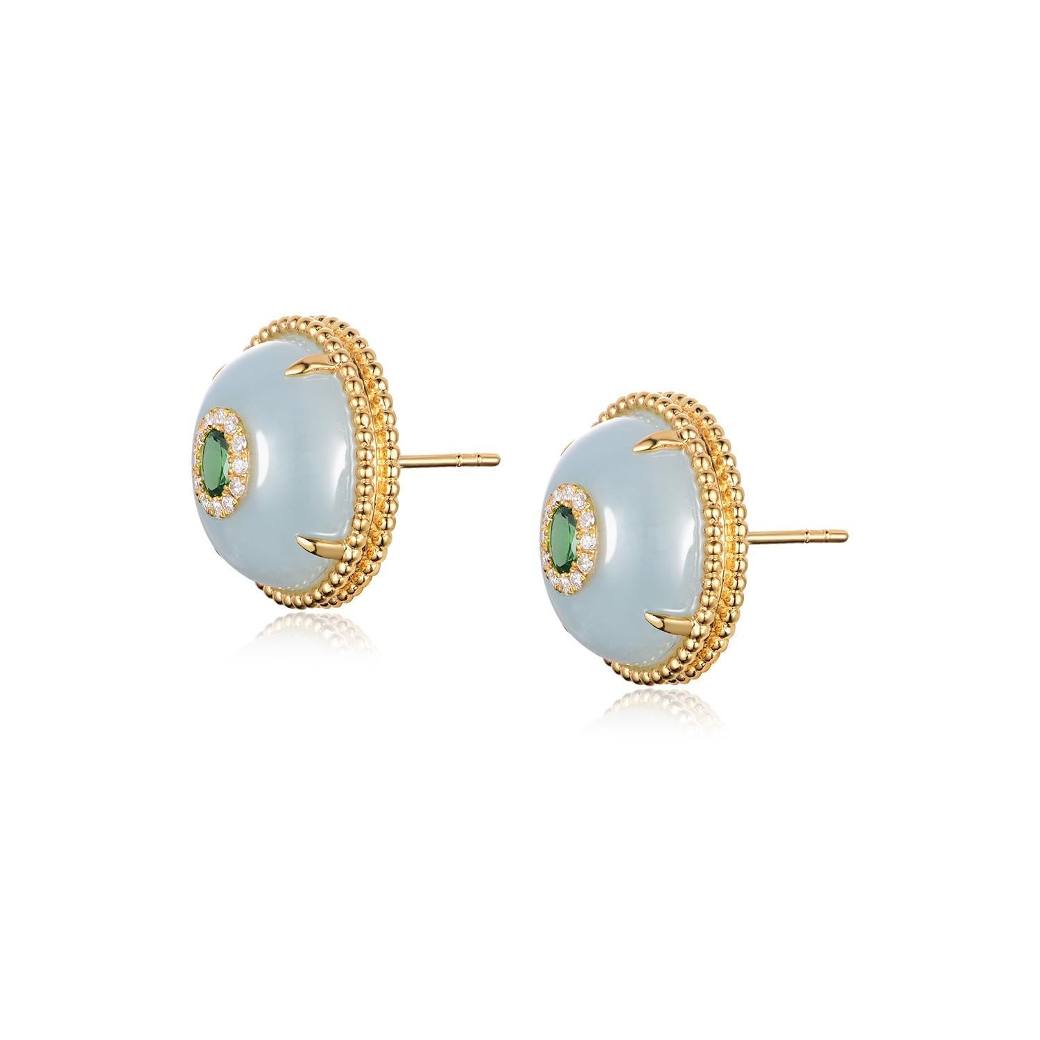 These earrings offer a serene yet captivating presence, featuring the cool elegance of 16.45 carats of aquamarine, set in 18K gold-plated sterling silver. Each aquamarine is a substantial gemstone, its tranquil blue hue reminiscent of the clear