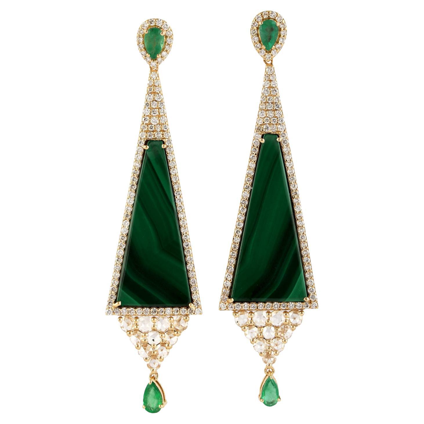 16.46 Carat Emerald Malachite Diamond 14 Karat Gold Pyramid Earrings