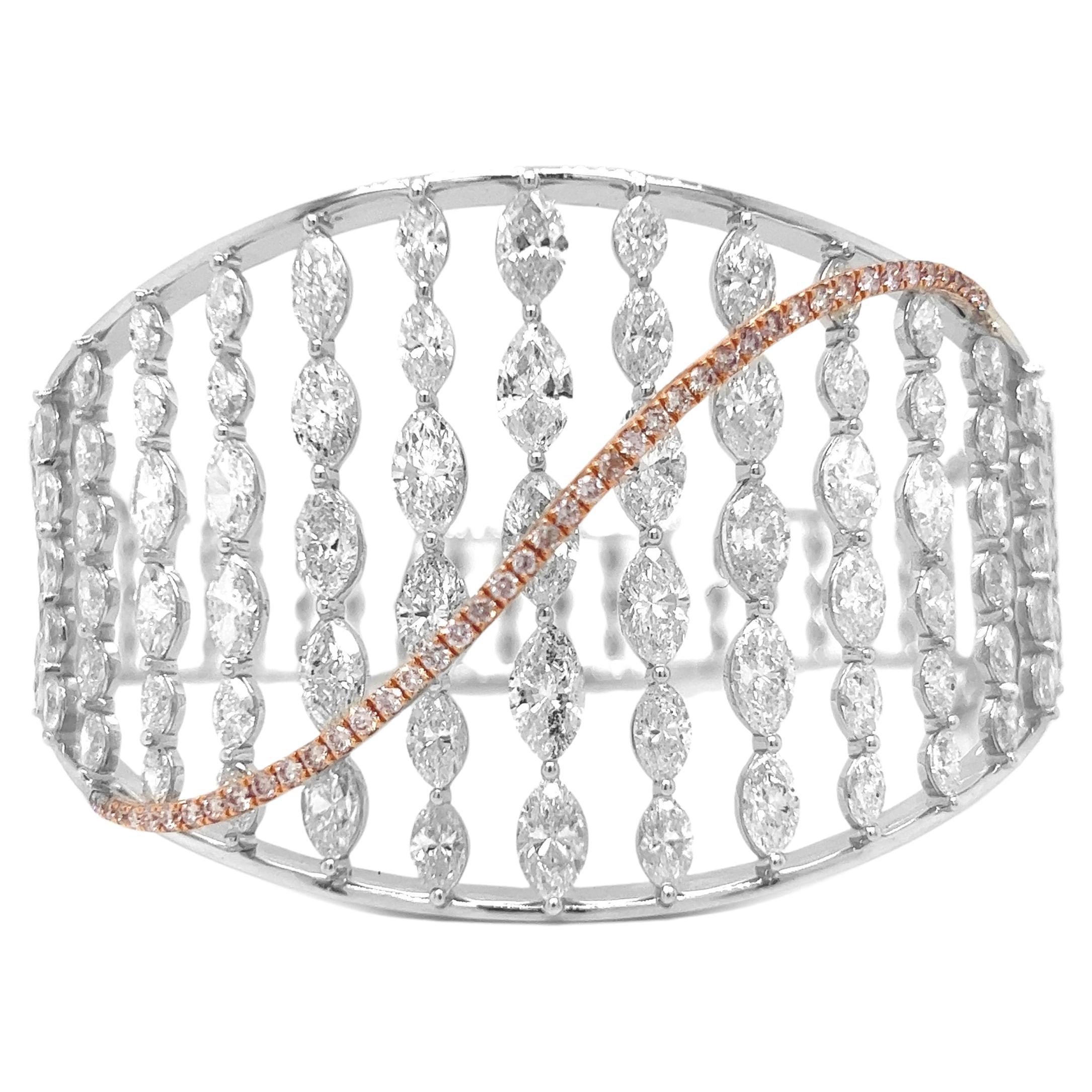 16.46 Carat Natural Mined Marquise/ Round Fancy Yellow Pink Diamond Bangle 18KT  For Sale