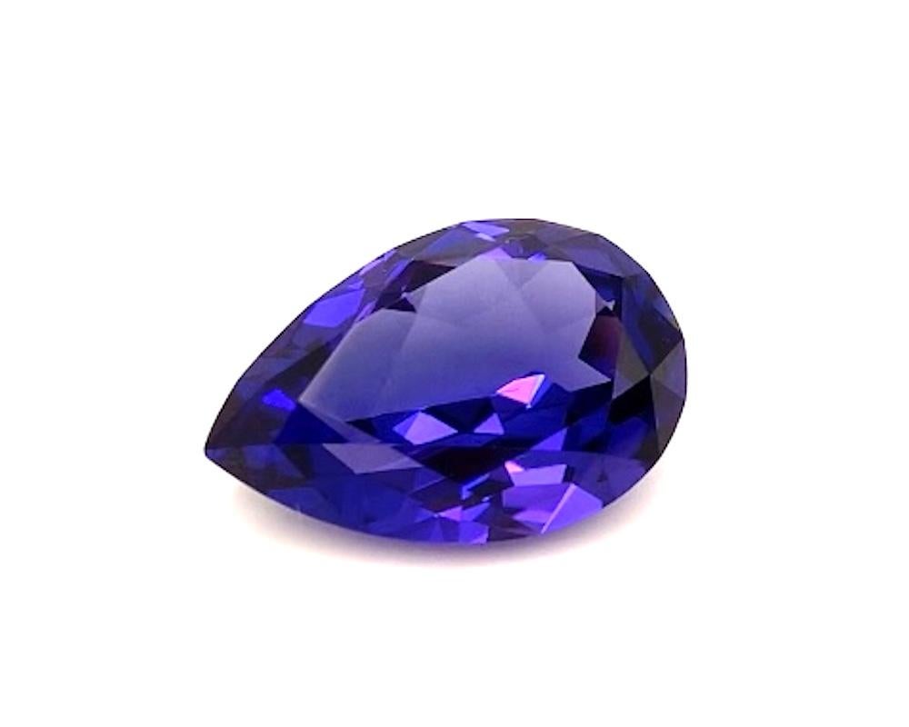 This 16.46 carat pear shaped tanzanite makes quite a statement! Ever since Tiffany & Co introduced tanzanite to the world over 50 years ago, demand for this gorgeous purplish blue gem has remained high. Even so, gem quality large stones are not easy