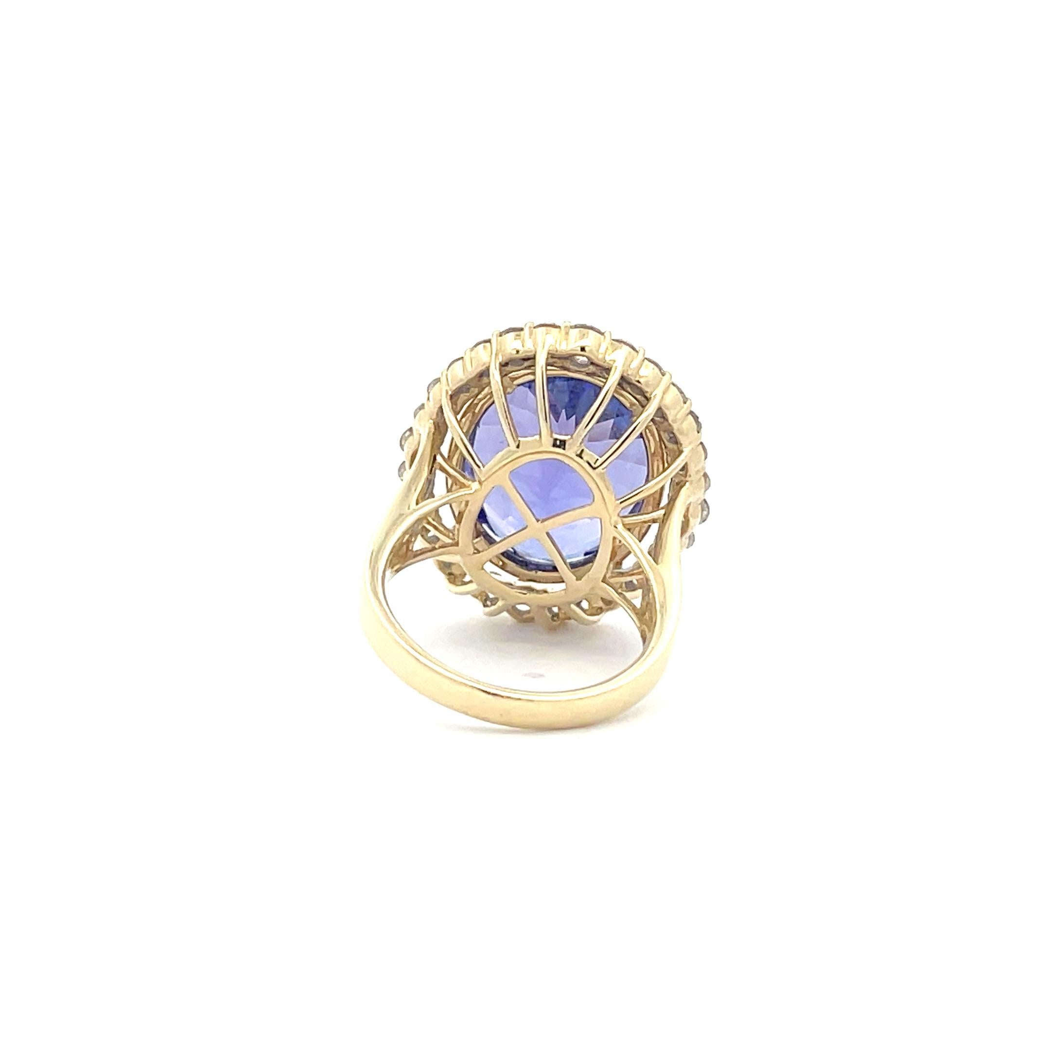 Art Deco 16.46 Carat, Oval-Cut Tanzanite Diamond Halo Cocktail Ring in 14k Solid Gold