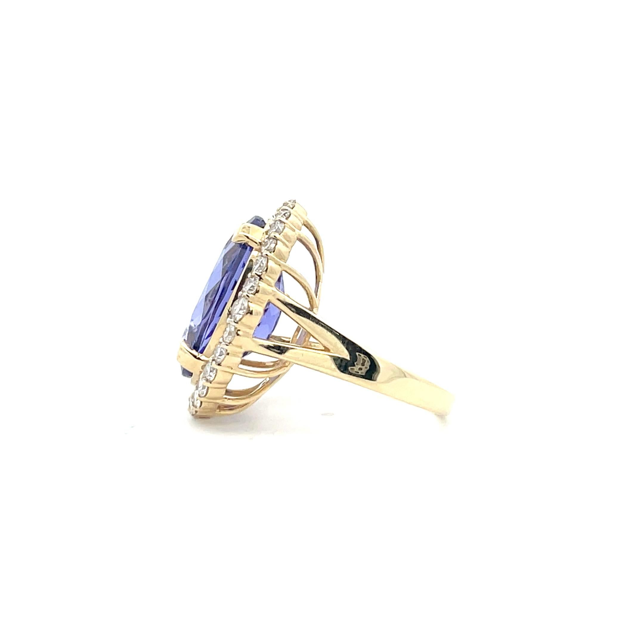 Oval Cut 16.46 Carat, Oval-Cut Tanzanite Diamond Halo Cocktail Ring in 14k Solid Gold