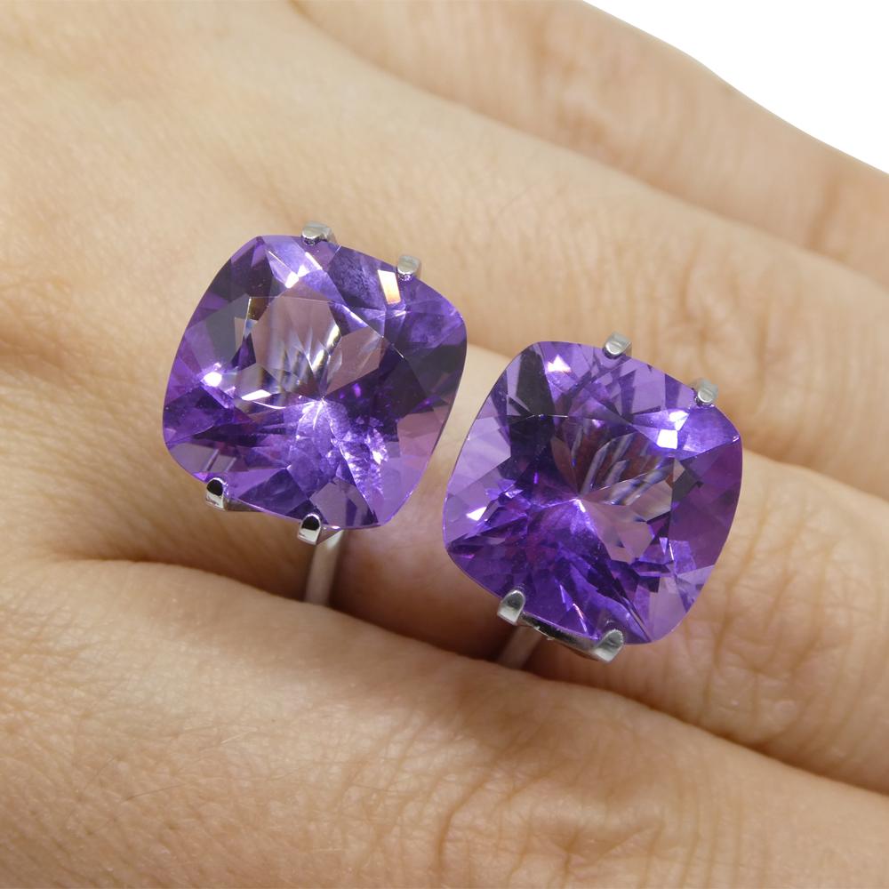 Description:

Gem Type: Amethyst
Number of Stones: 2
Weight: 16.46 cts (8.10 ct/8.36 ct)
Measurements: 13.11 x 13.11 x 8.55 mm / 13.08 x 13.14 x 8.95 mm
Shape: Square Cushion
Cutting Style:
Cutting Style Crown: Brilliant Cut
Cutting Style Pavilion:
