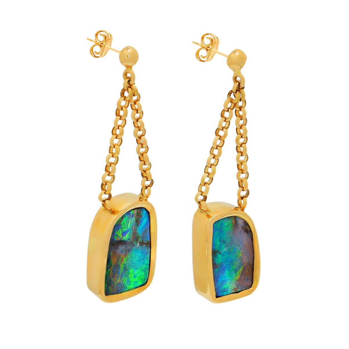 Cabochon 16.47 Carat Australian Boulder Opal & 18k Gold Earrings For Sale