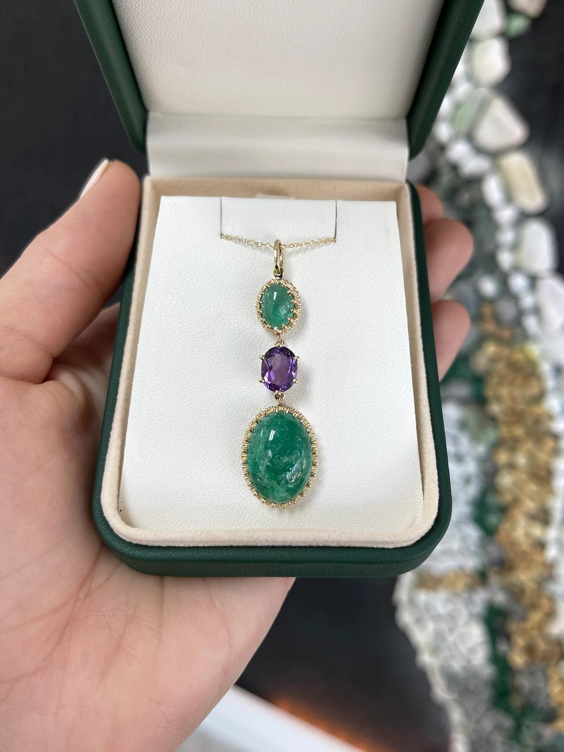 Late Victorian 16.47tcw 14K Vintage Inspired Oval Emerald Cabochon & Oval Amethyst Drop Pendant For Sale