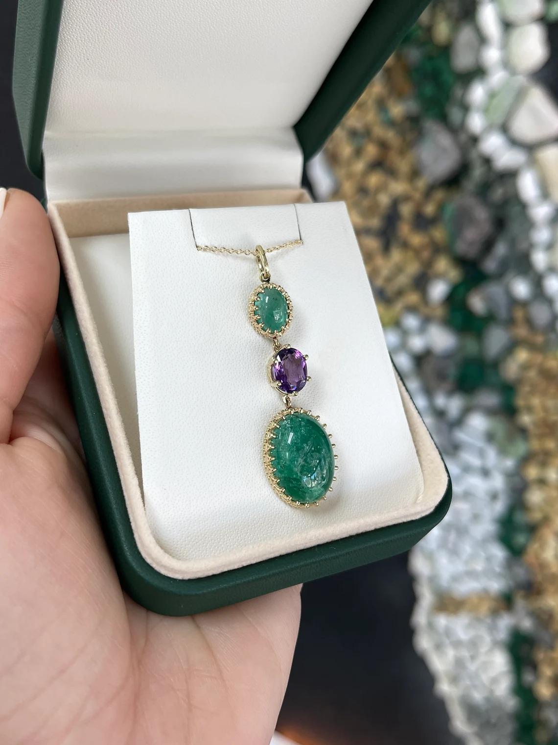 Oval Cut 16.47tcw 14K Vintage Inspired Oval Emerald Cabochon & Oval Amethyst Drop Pendant For Sale
