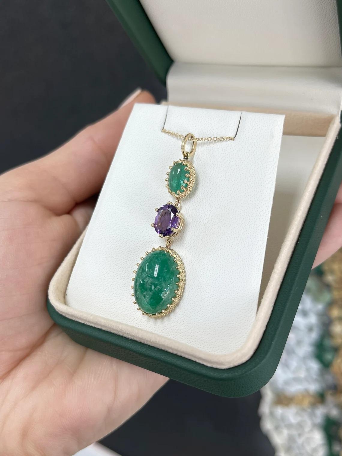 16.47tcw 14K Vintage Inspired Oval Emerald Cabochon & Oval Amethyst Drop Pendant In New Condition For Sale In Jupiter, FL