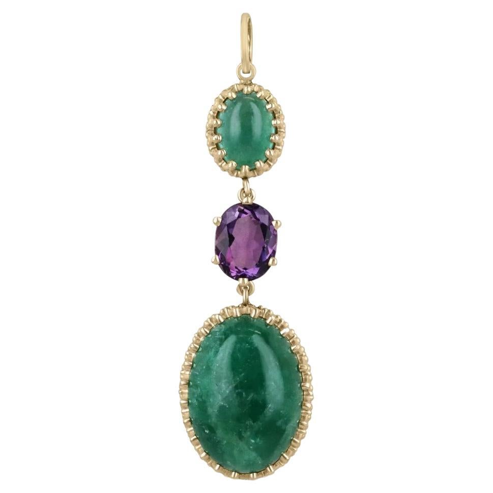 16.47tcw 14K Vintage Inspired Oval Emerald Cabochon & Oval Amethyst Drop Pendant For Sale
