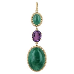 16.47tcw 14K Vintage Inspired Oval Emerald Cabochon & Oval Amethyst Drop Pendant