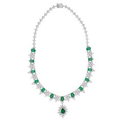 16.48 Carat Emerald 12 Carat Diamond Floral Wedding Necklace 14k White Gold