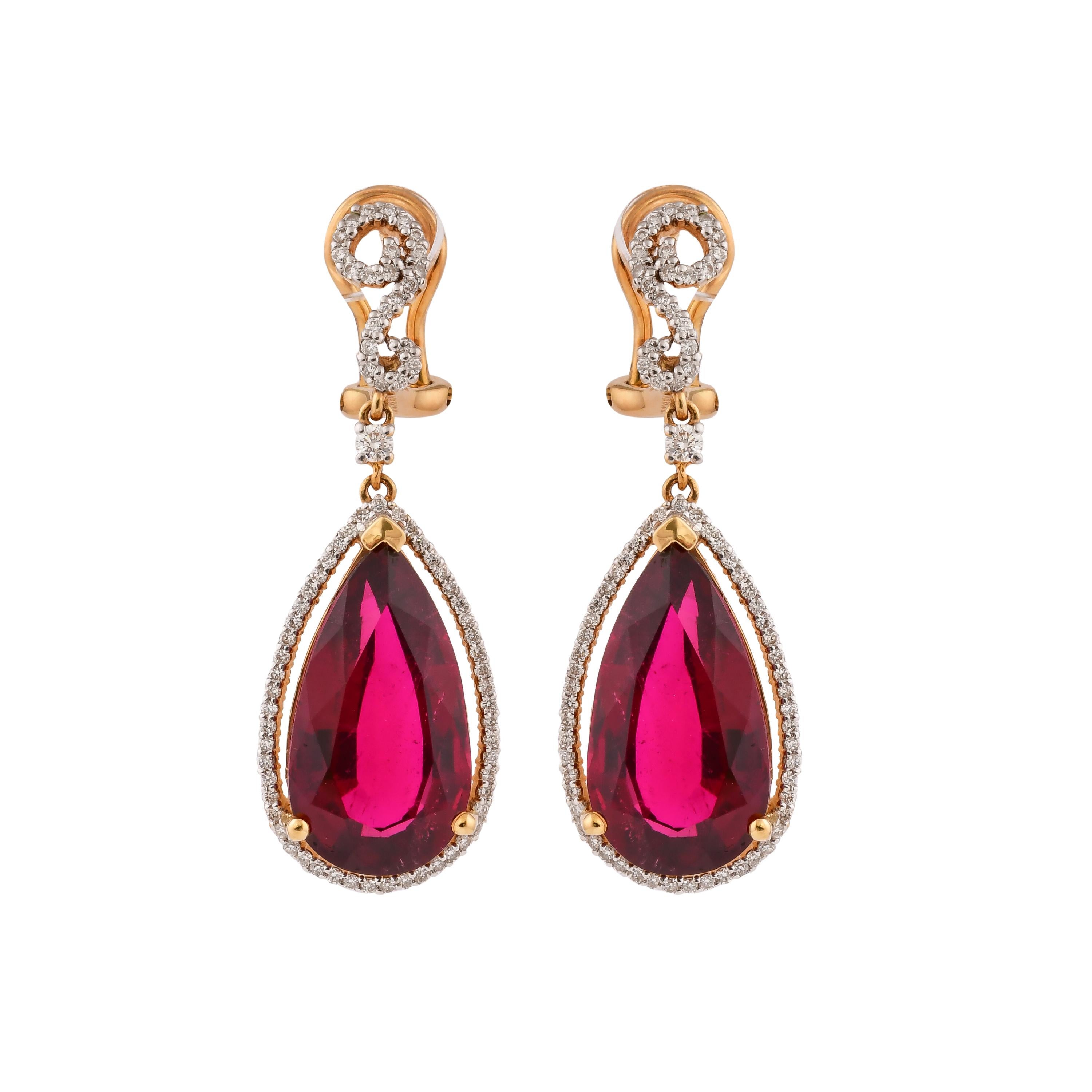 Contemporary 16.48 Carat Rubellite Tourmaline Earring with Diamond in 18 Karat Yellow Gold For Sale