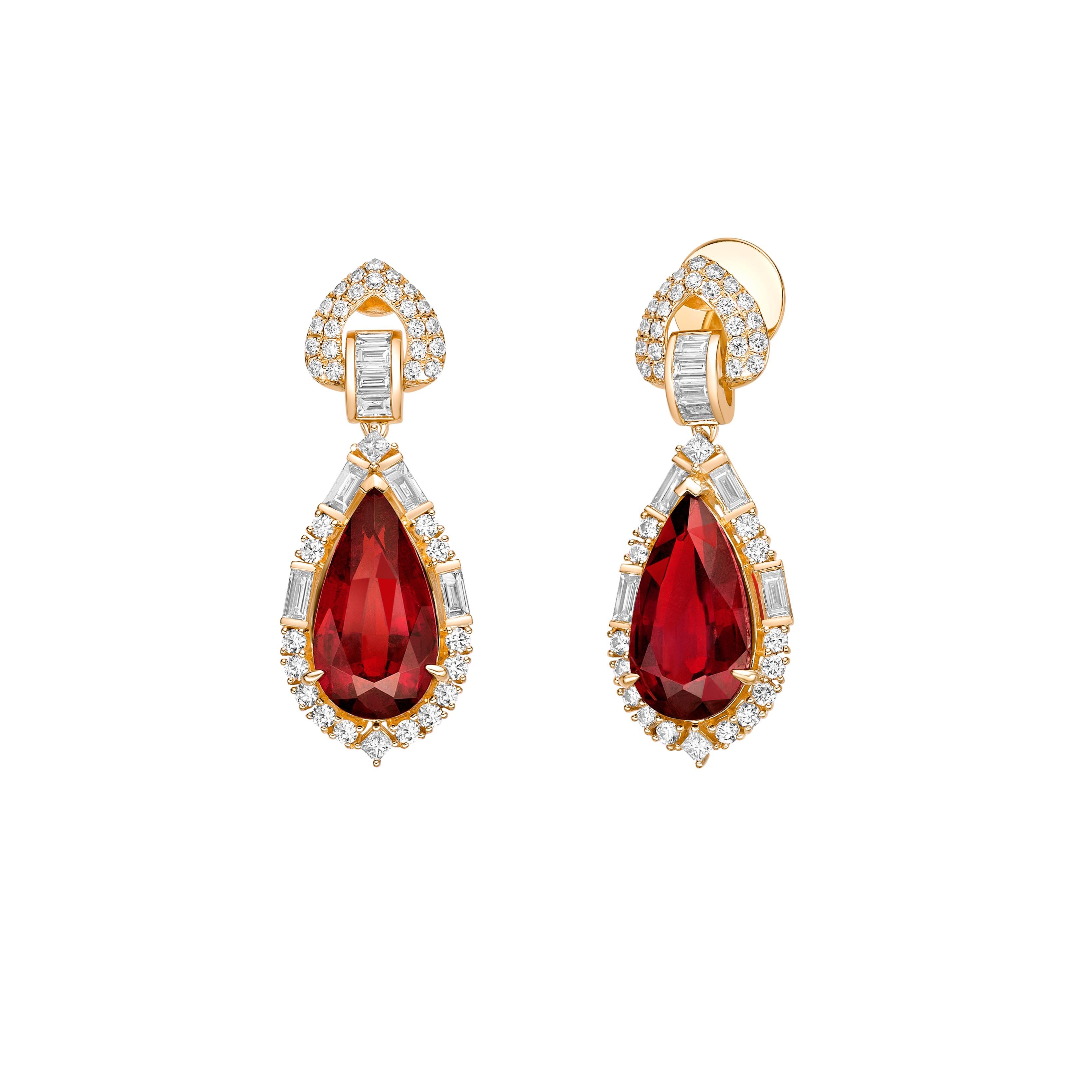 Pear Cut 16.480 Carat Rubellite Drop Earrings in 18Karat Yellow Gold with White Diamond. For Sale