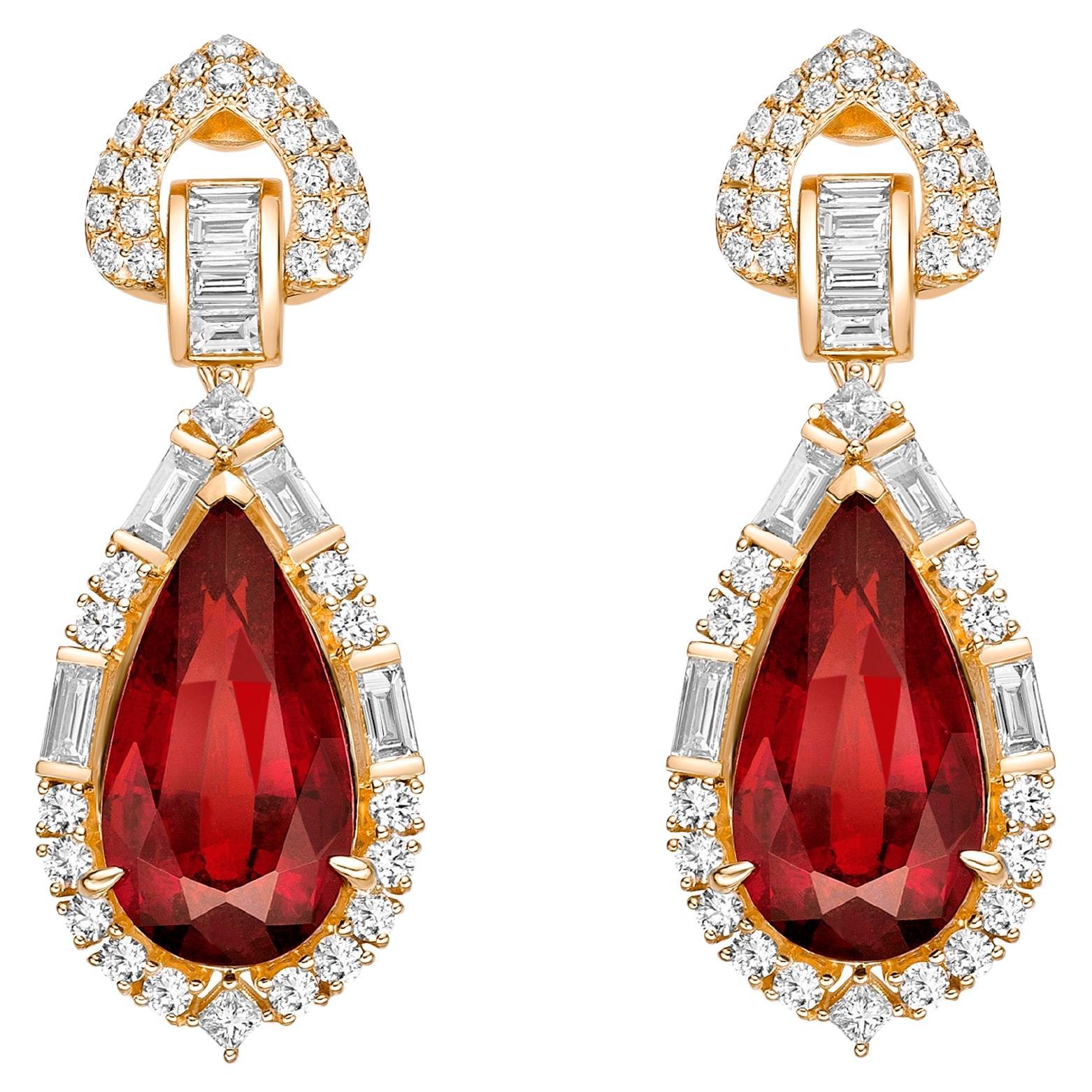 16.480 Carat Rubellite Drop Earrings in 18Karat Yellow Gold with White Diamond. For Sale