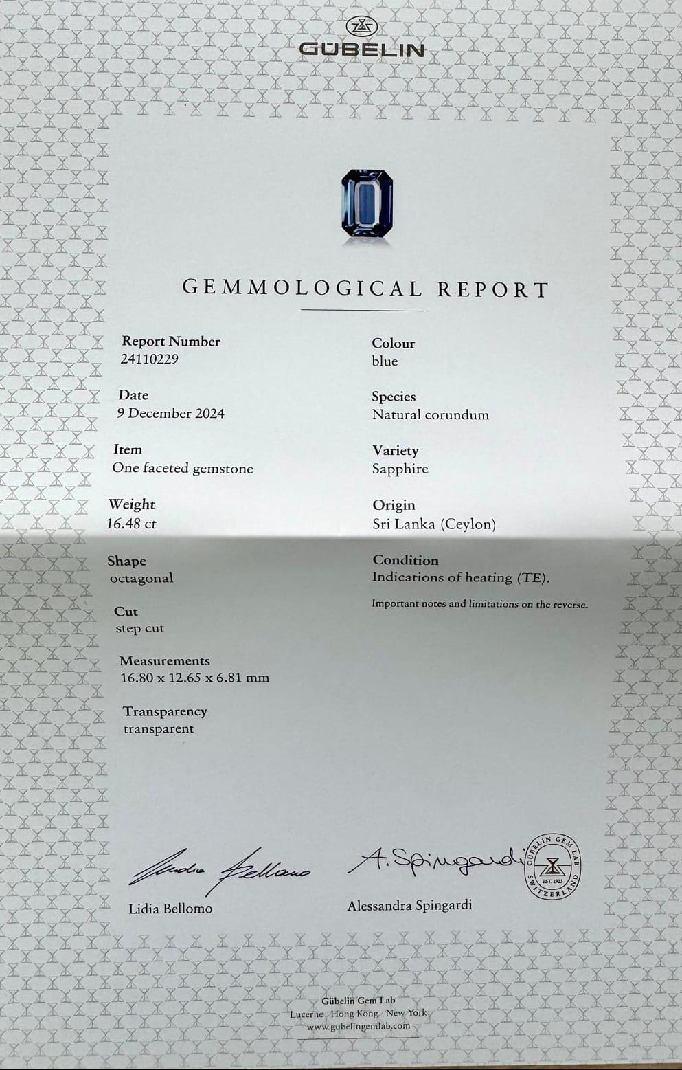 16.48ct Bleu Octagonal Shape Sri Lankan Natural Sapphire Certified By Gübelin For Sale 1