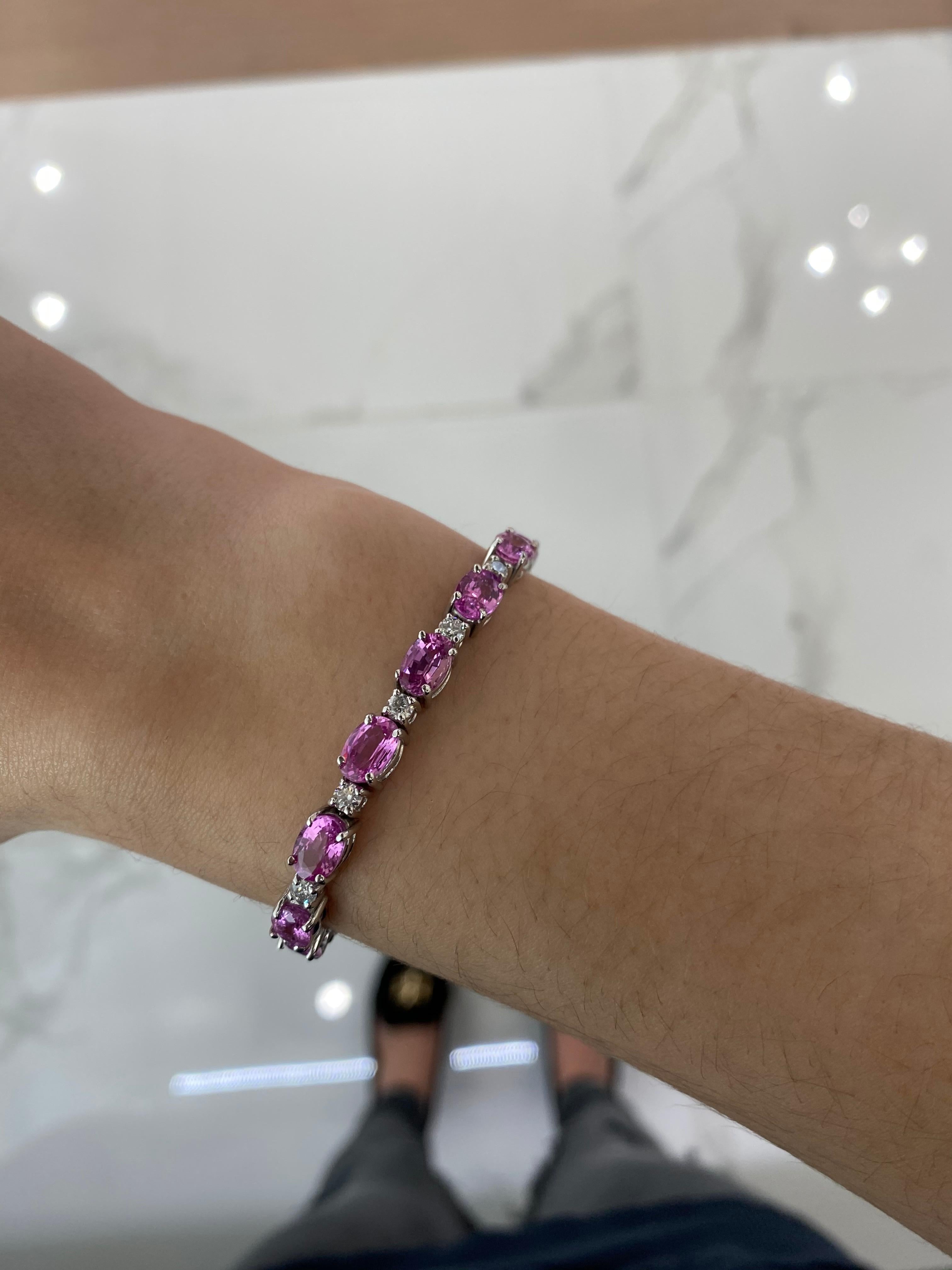 16.48ctw Oval Pink Sapphire and 1.72ctw Round Diamond White Gold Tennis Bracelet In New Condition In Houston, TX