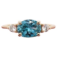 Retro 1.64ct Blue Zircon Ring w Diamond Accents in Solid 14K Yellow Gold Oval 8x6mm