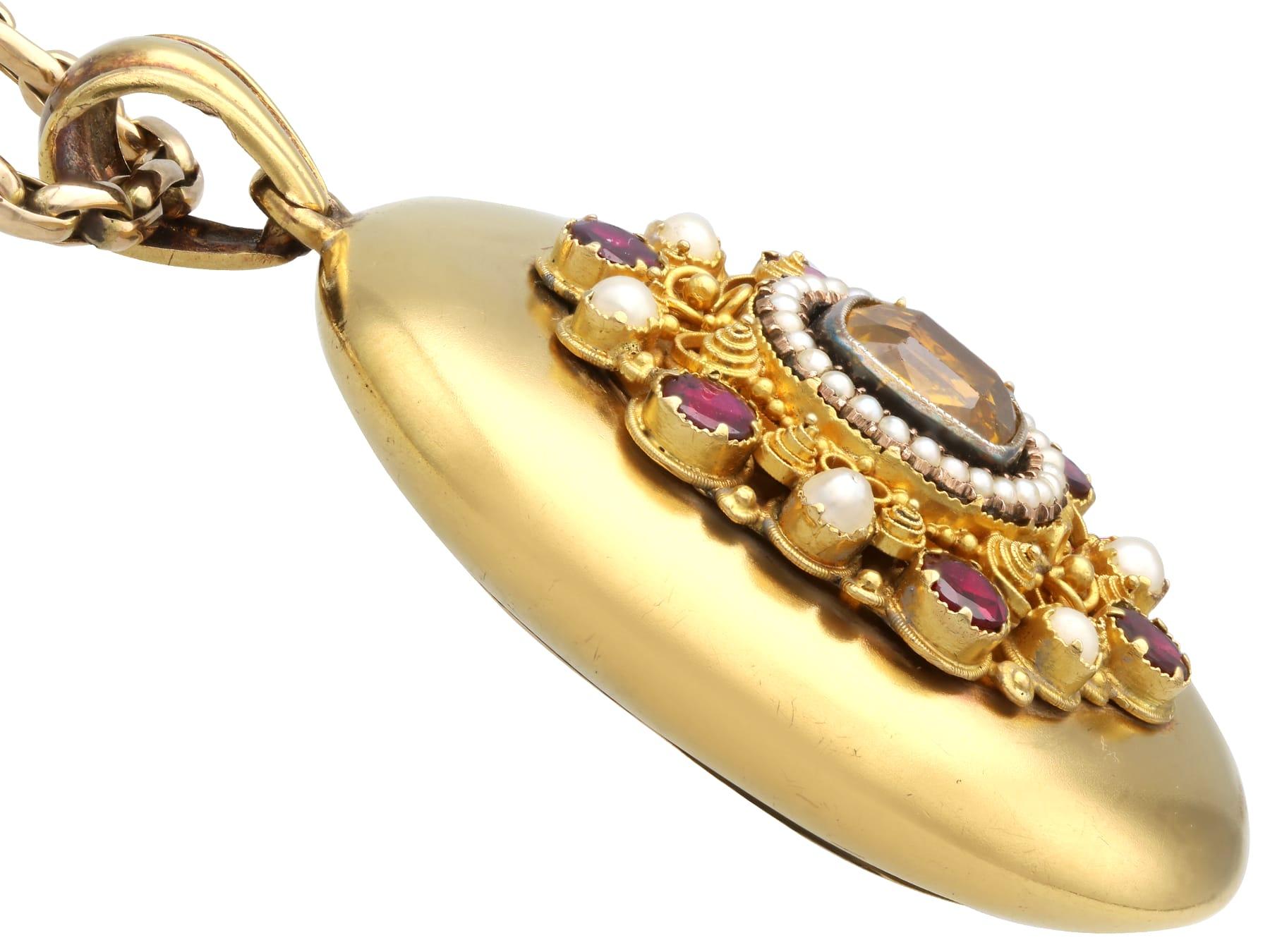 Women's or Men's 1.64Ct Citrine, 1.82Ct Garnet, Pearl, Seed Pearl and 18k Yellow Gold Locket For Sale