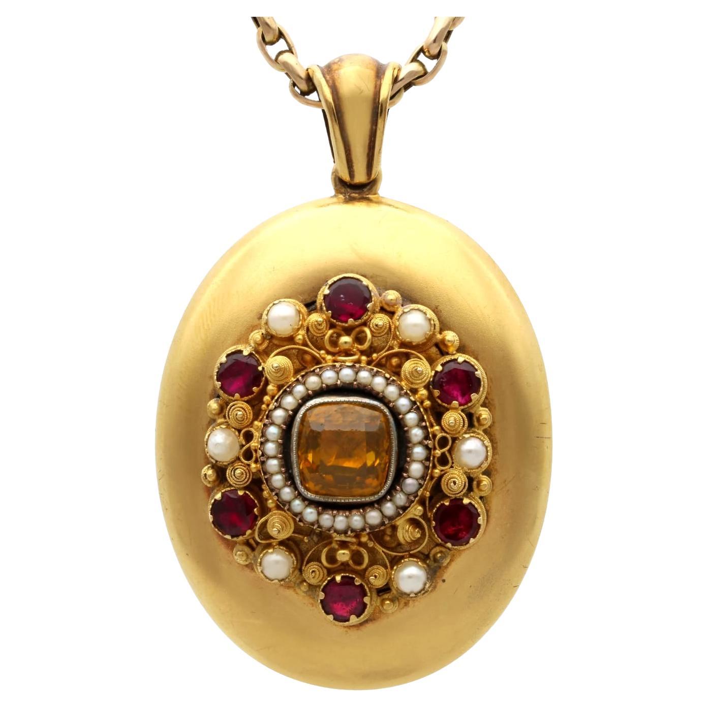1.64Ct Citrine, 1.82Ct Garnet, Pearl, Seed Pearl and 18k Yellow Gold Locket For Sale