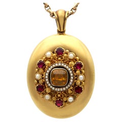 Relicario de oro amarillo de 18 quilates con citrino de 1,64 quilates, granate de 1,82 quilates, perla, perla en grano y oro amarillo de 18 quilates