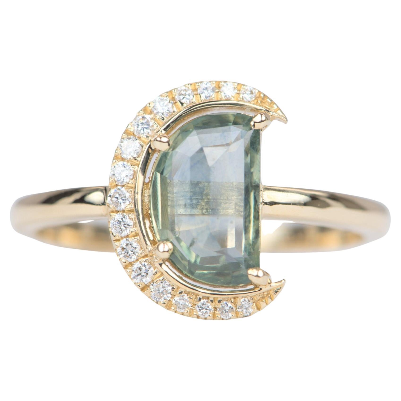 1.64ct Montana Sapphire Half Moon with Diamond Halo 14K Gold Engagement Ring